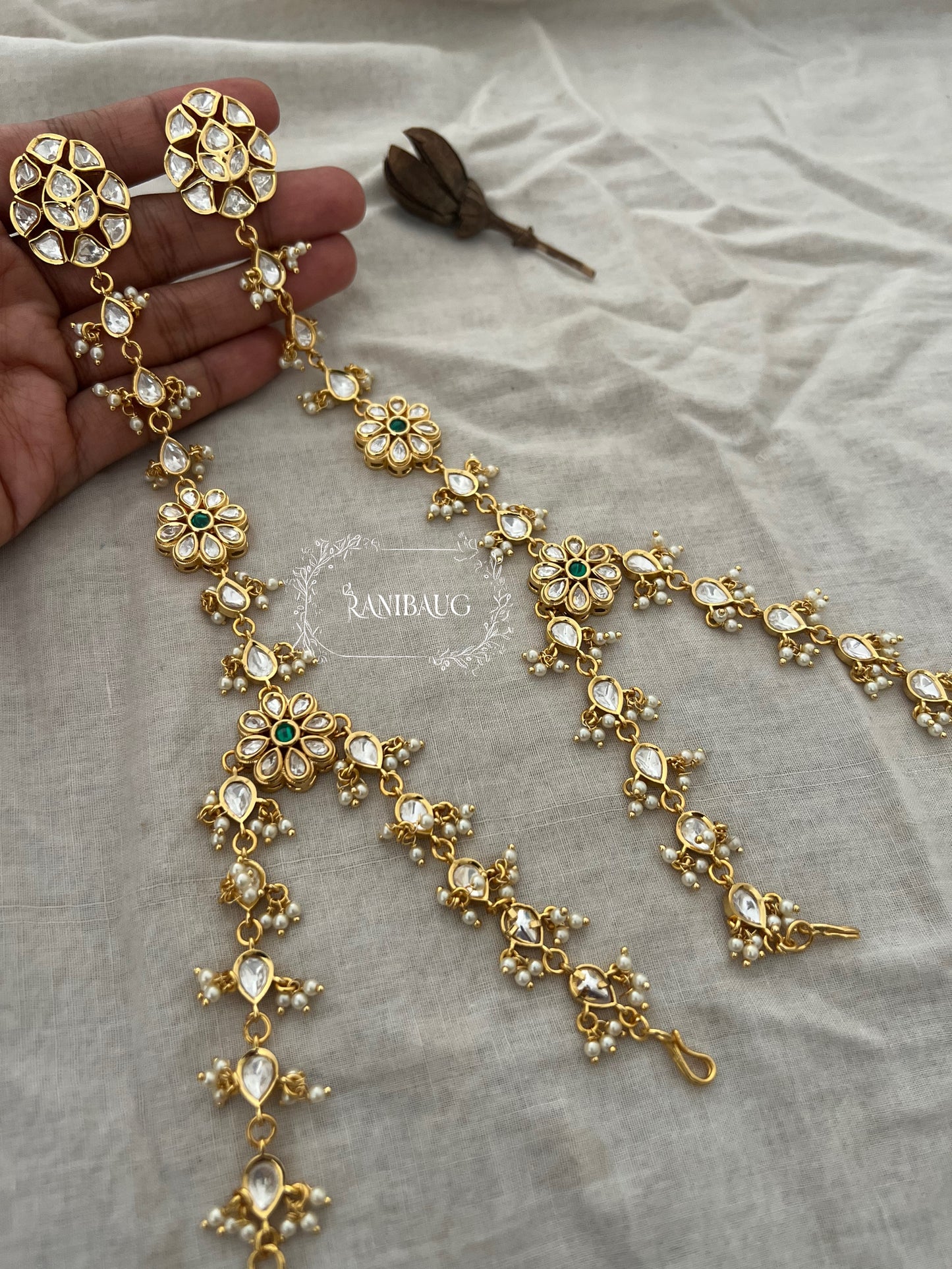 Surbhi Minimal Pearl And Gold Kundan Haath Phool | Ranibaug