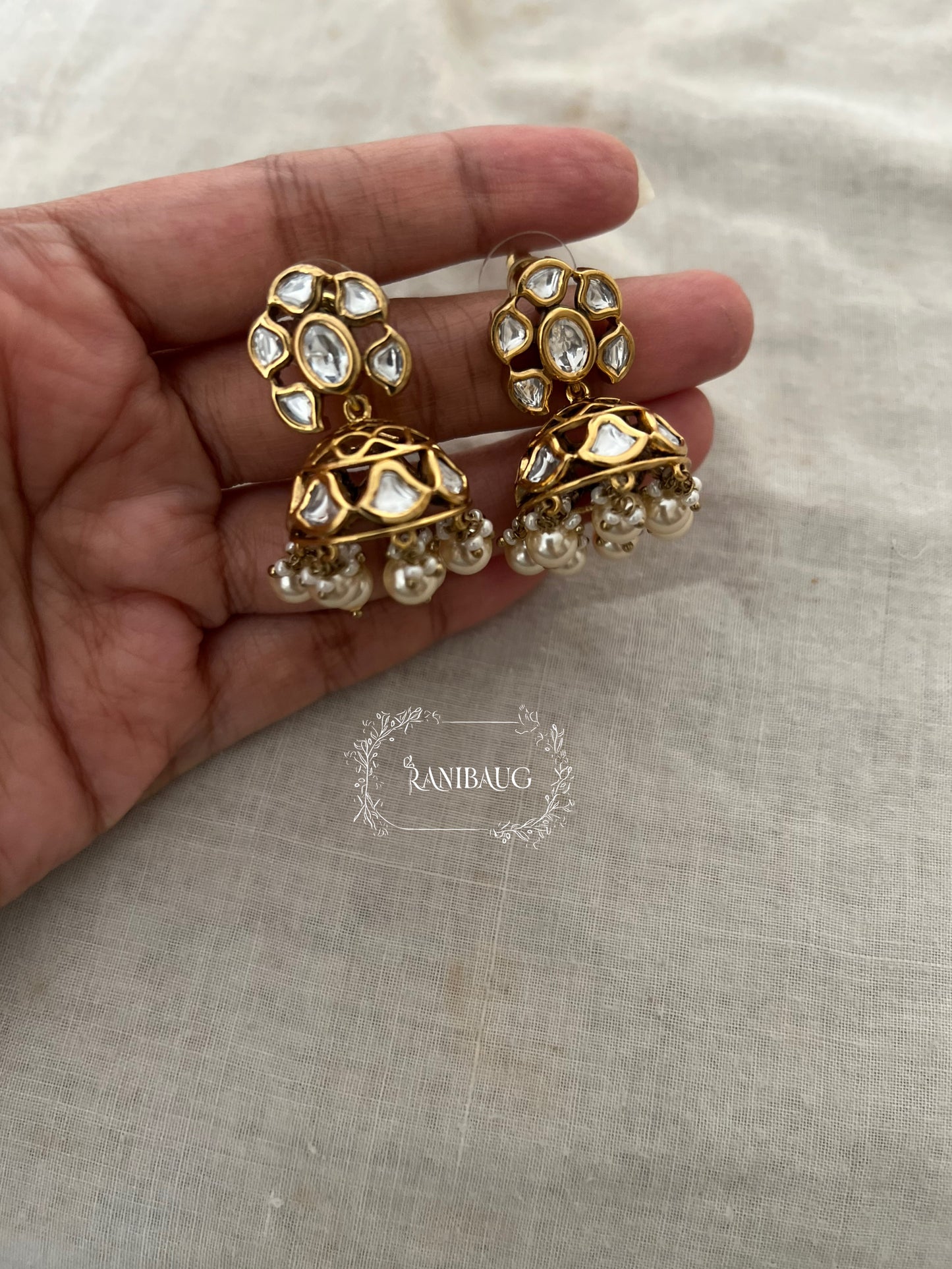 Tanika Small Cute Minimalistic Light Mossainite Polki Studded Floral Gold Finish Jhumki By Ranibaug
