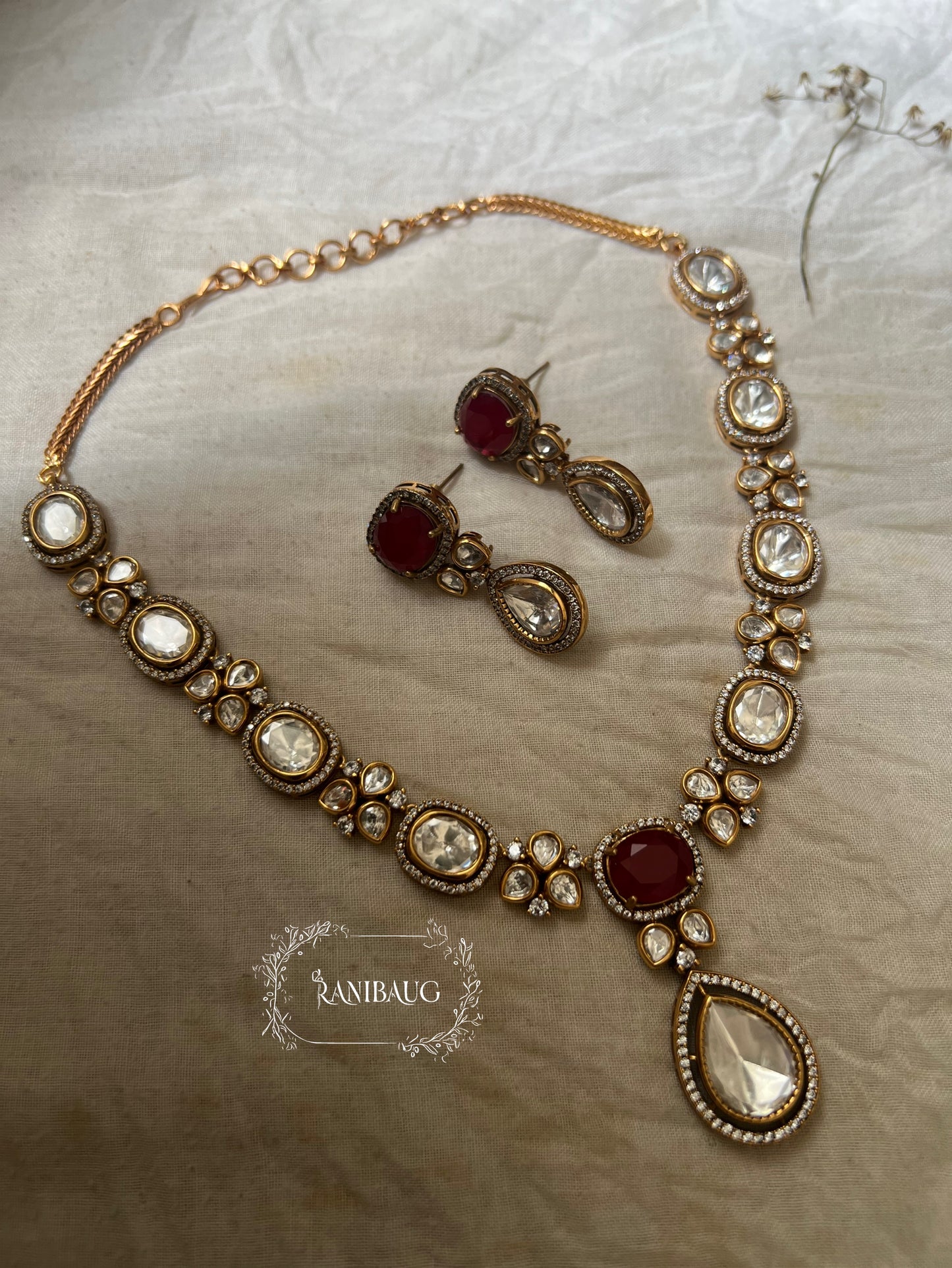 Tanisha Mossainite Polki Teardrop Victorian Jewellery Set By Ranibaug