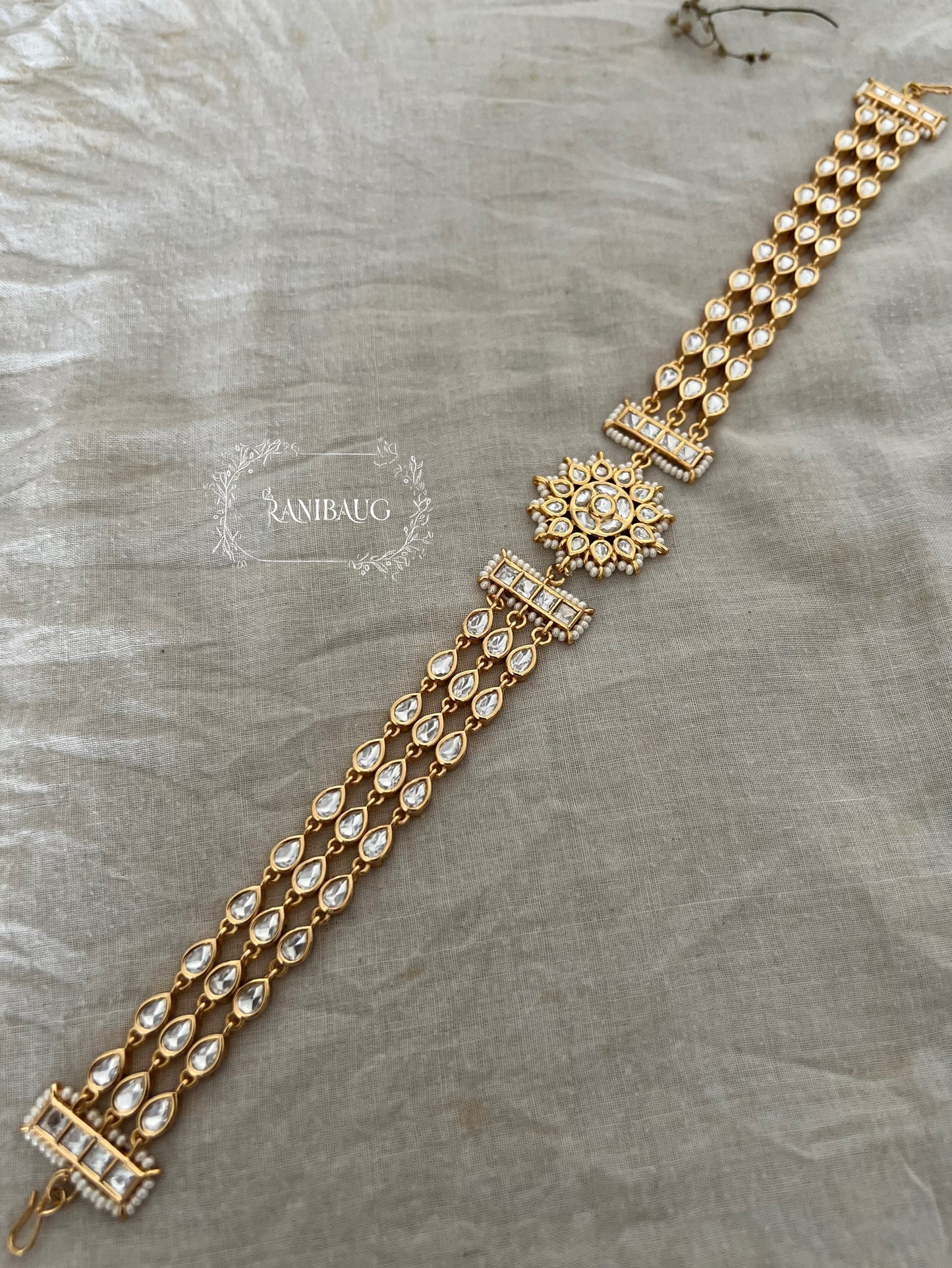 Tanushree Floral Motif Centered Kundan Gold Sheesh Patti By Ranibaug