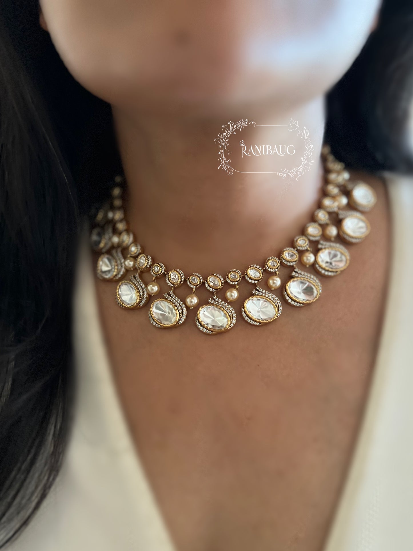 Tanvi Big Large Mossainite Polki Kundan Drops Necklace Set In Rich Gold Plating By Ranibaug | Unique Trendy Necklace Set 2025 2026