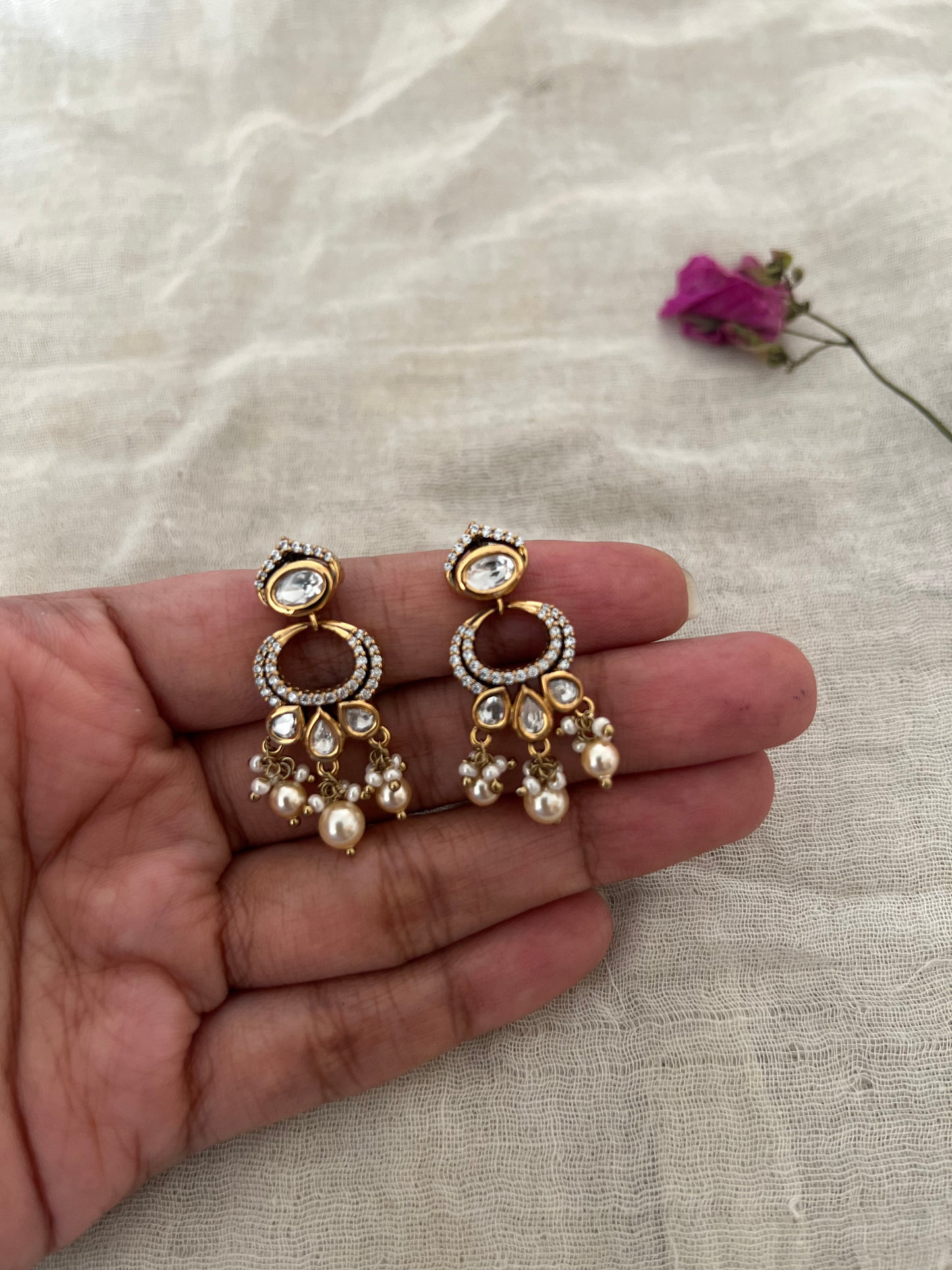Tarini Polki Kundan And Pearl Dangler Stud Earrings | Gold-Plated Halo Drops By Ranibaug