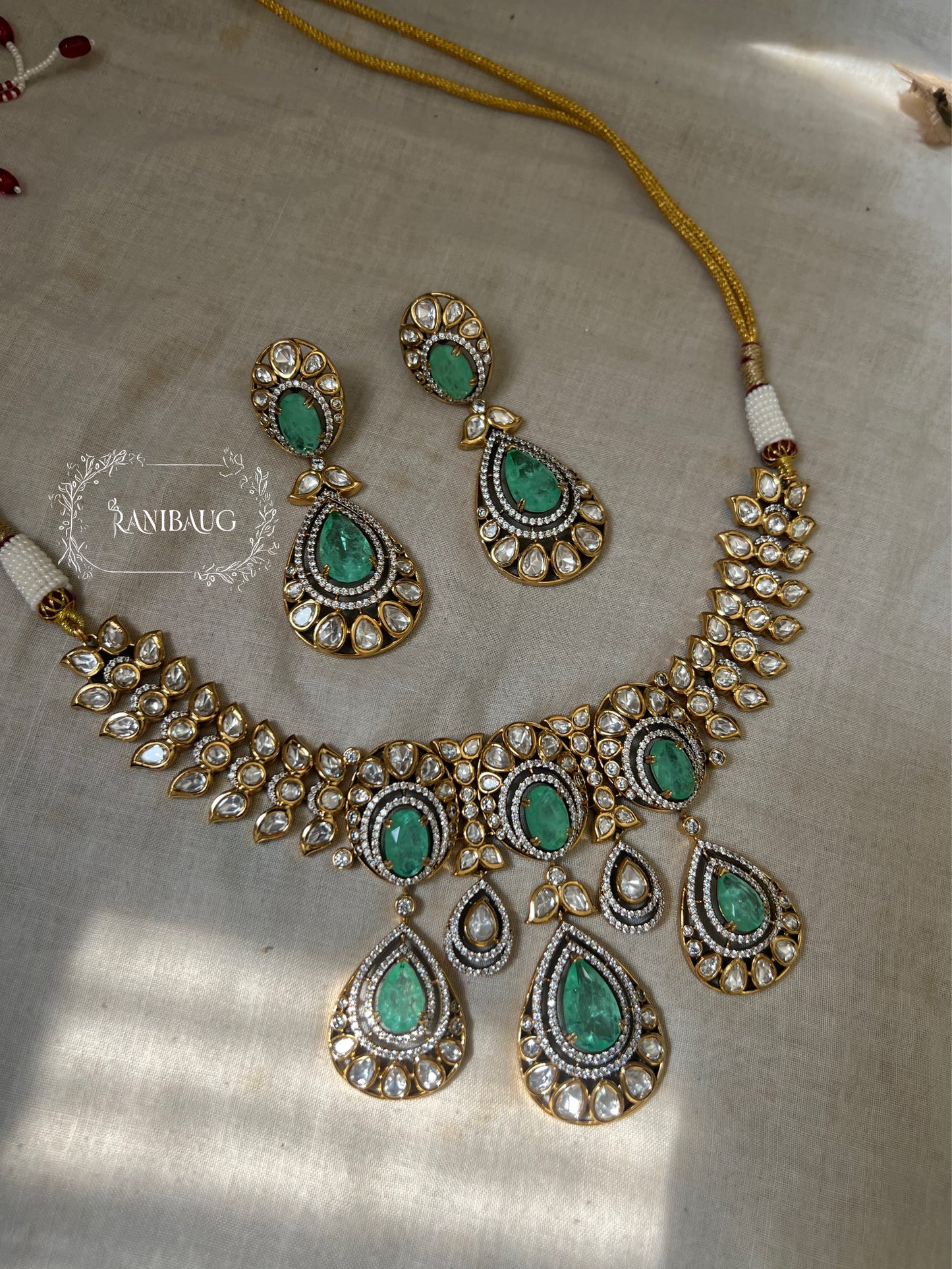 Tasha Mint Heavy Mossainite Kundan Teardrop Gemstone Necklace Choker Set By Ranibaug | Festive Jewelry Collection 2025 2026