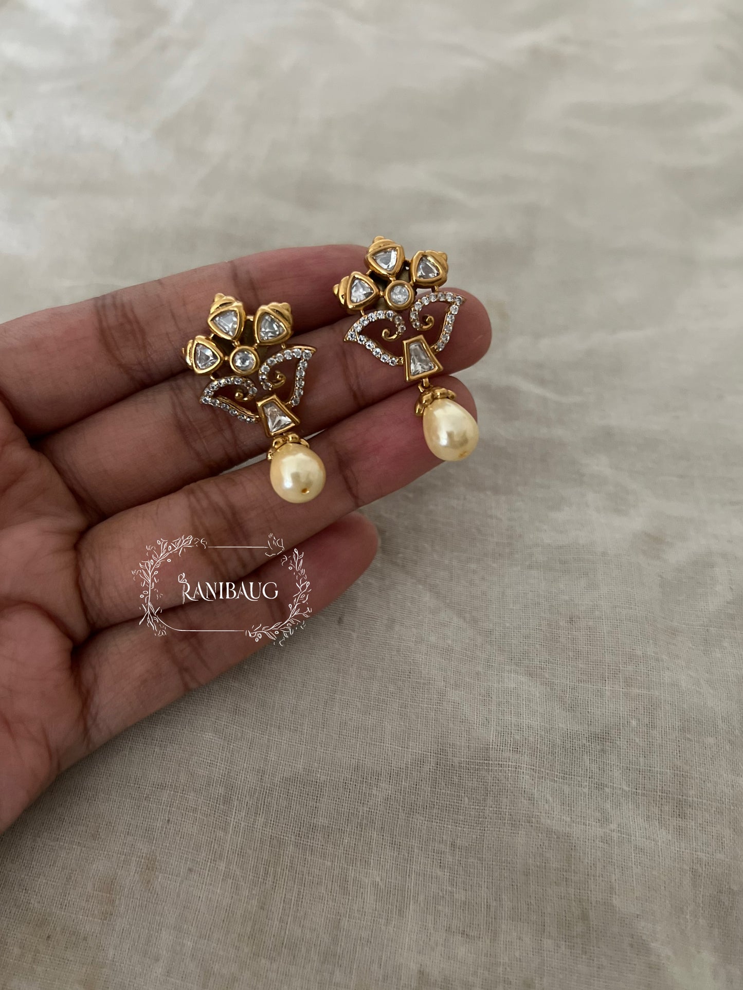 Tavira Polki Floral Golden Pearl Dangle Ear Studs By Ranibaug