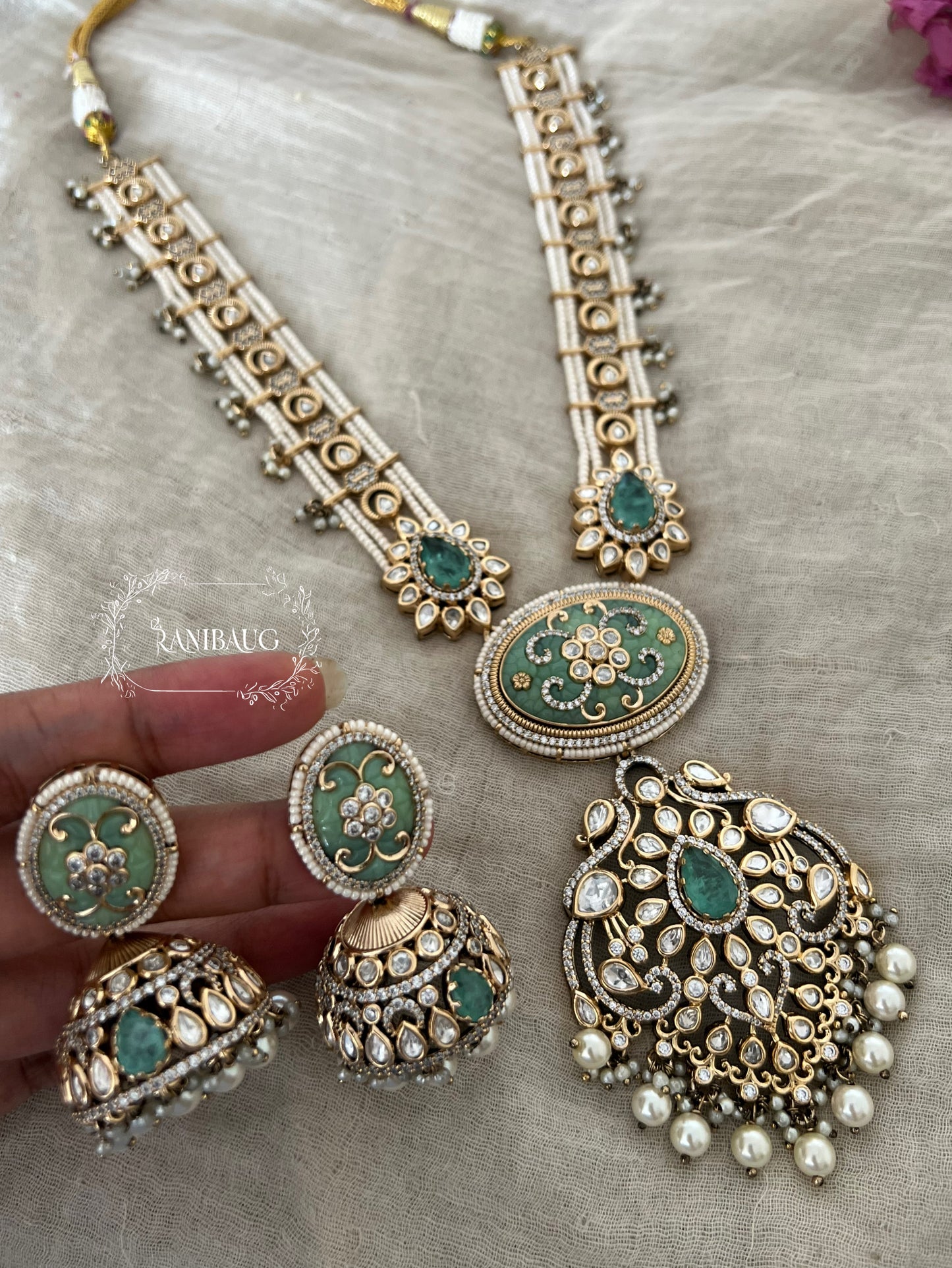The Carved Gemstone Rani Haar | Pastel Meenakari & Pearl Strand Long Necklace | A Statement Ranibaug Jewellery Set 2025
