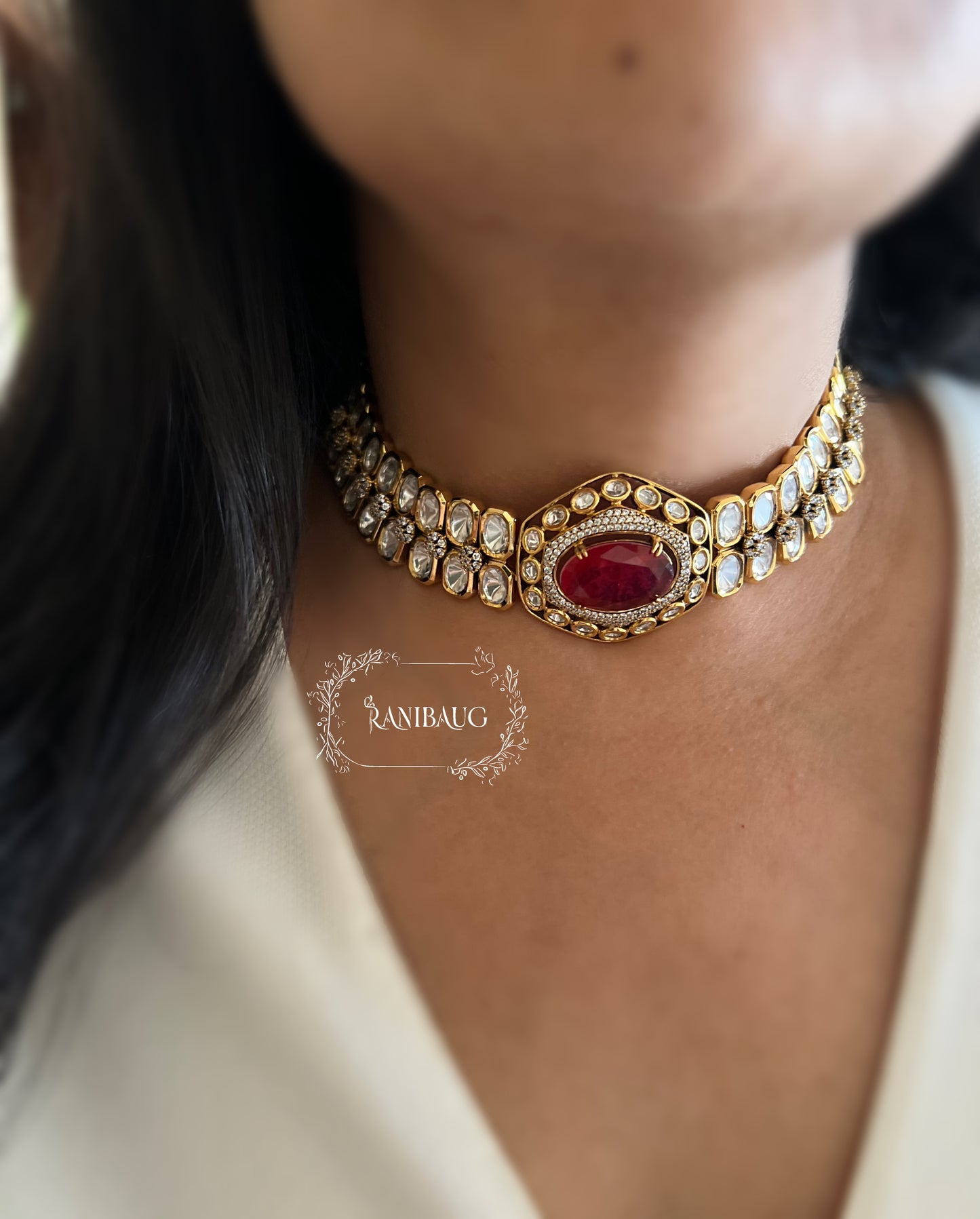 The Royal Sash Polki Choker Necklace Set | Ruby & Emerald Centerpiece In Rich Gold Finish By Ranibaug