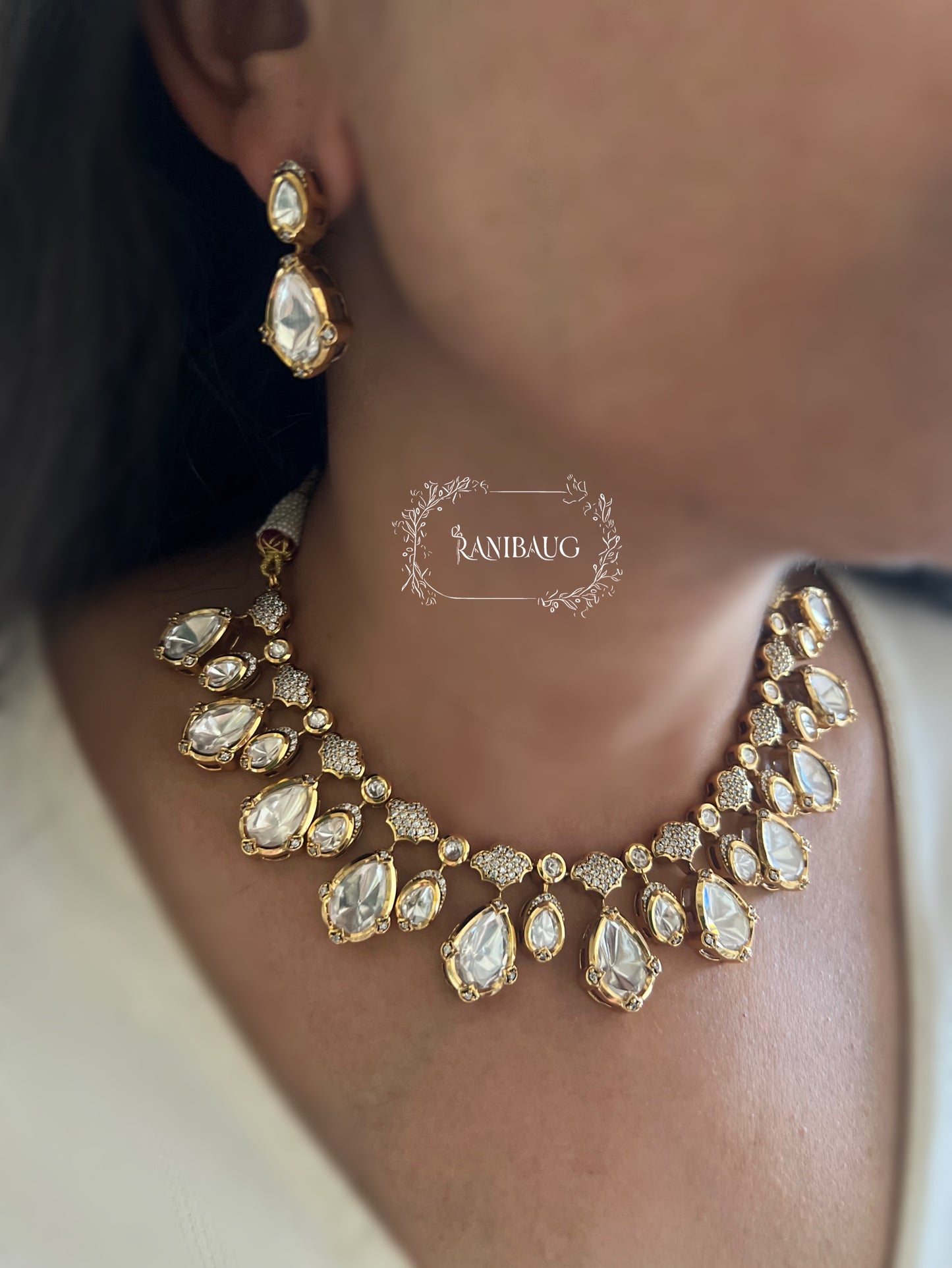 The Dewdrop Mossainite Polki Solitaire Necklace | Single-Line Teardrop Choker in Premium Gold Finish by Ranibaug