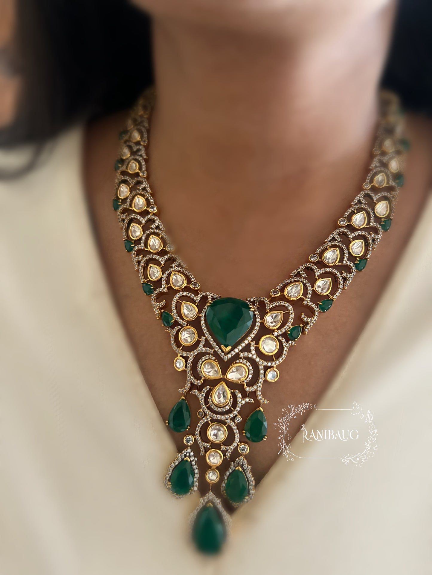 The "Gulab-Bagh" Pastel Polki Bridal Set | Pink Tourmaline & Emerald Long Haram Vintage Necklace Set By Ranibaug