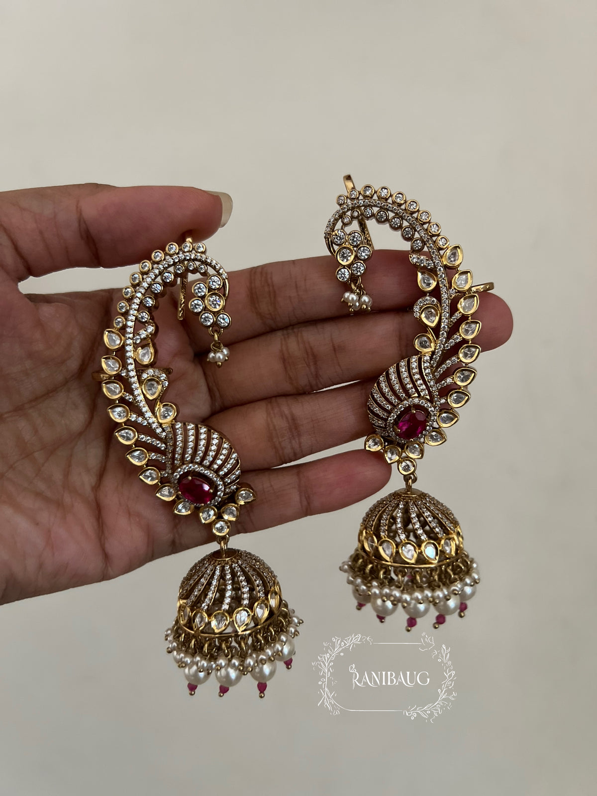 Tia Polki Kundan Pearl Adorned Gold Finish Royal Ear Cuff Jewelry By Ranibaug