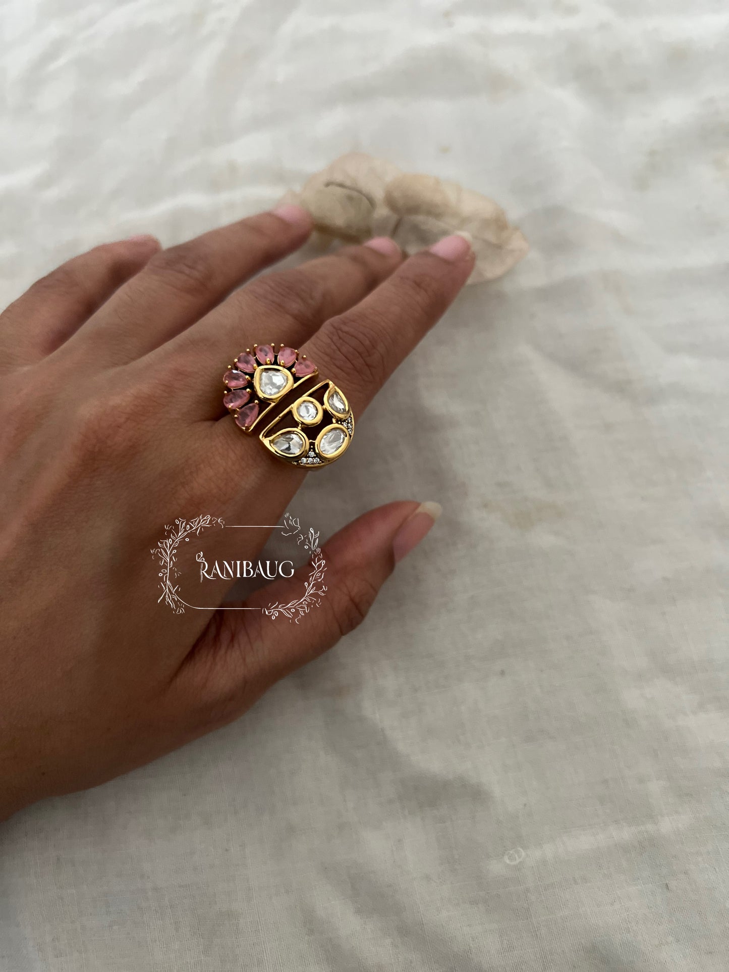 Trisha Dual Tone Polki Kundan Gemstone Gold Plated Ring By Ranibaug