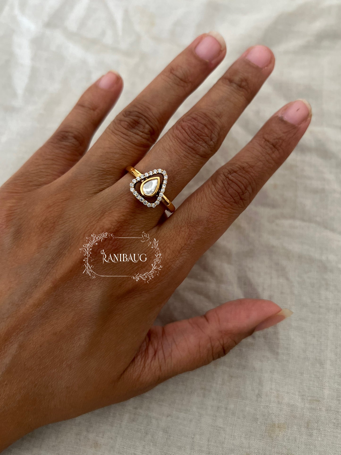 Trisha Teardrop Polki Motif Triangular Shaped Minimal Gold Plated Ring Jewelry By Ranibaug