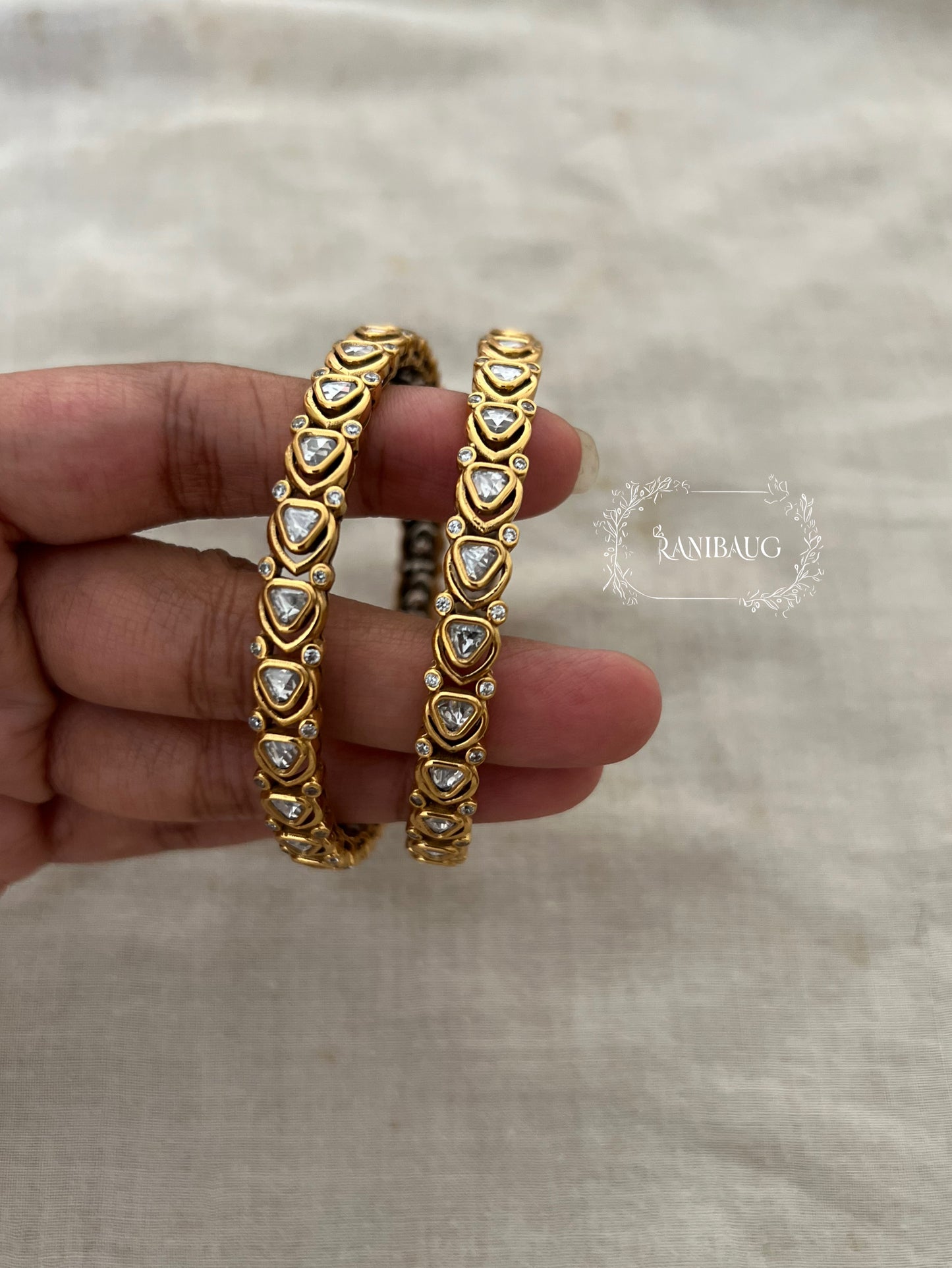 Triveni Mossainite Polki Studded Victorian Gold Finish Aesthetic Festive Bangle Jewelry By Ranibaug