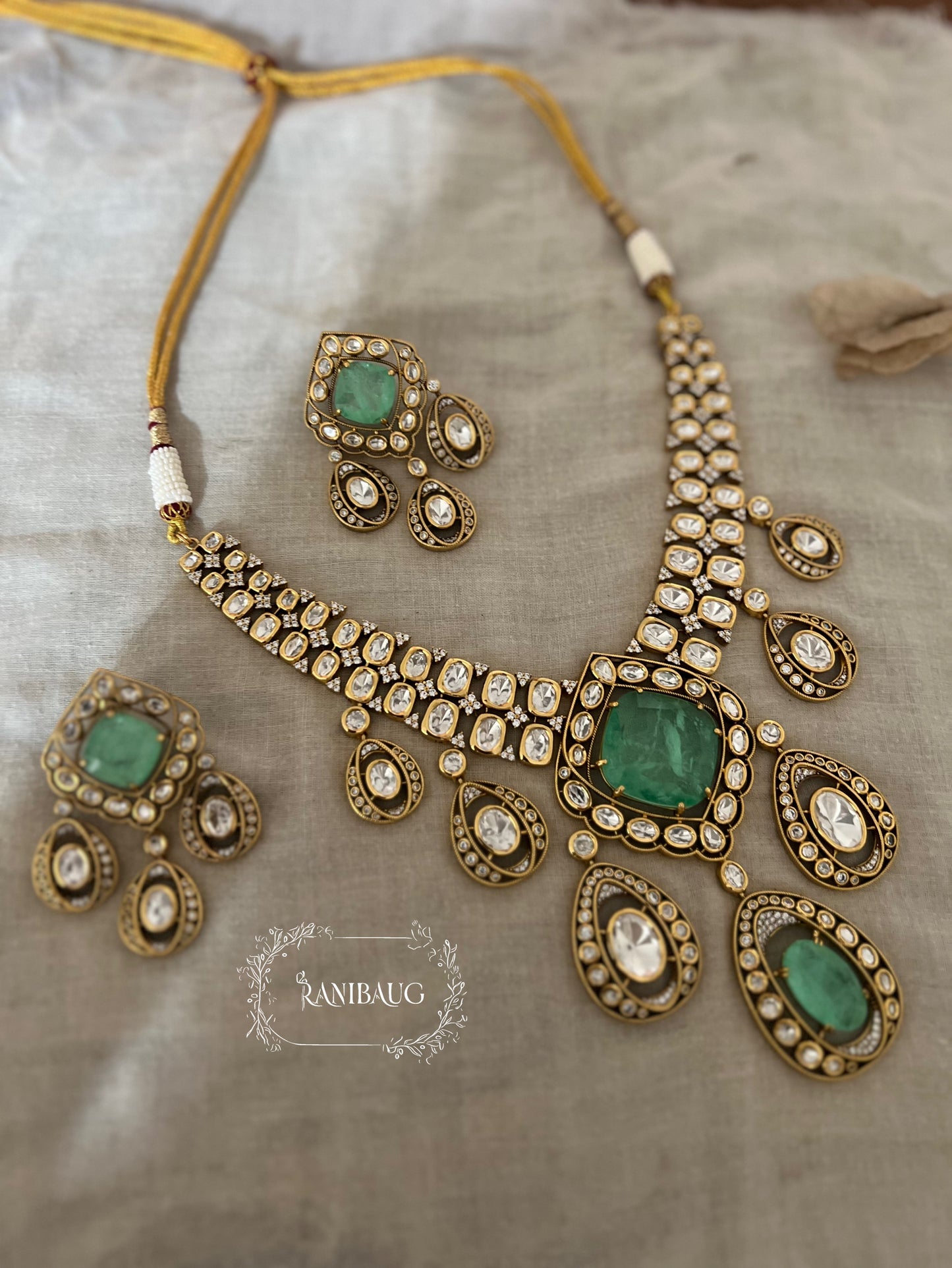 Vaani Royal Mossainite Gold Plated Gemstone Premium Necklace Set By Ranibaug | Diwali Jewelry Wedding Jewellery 2026