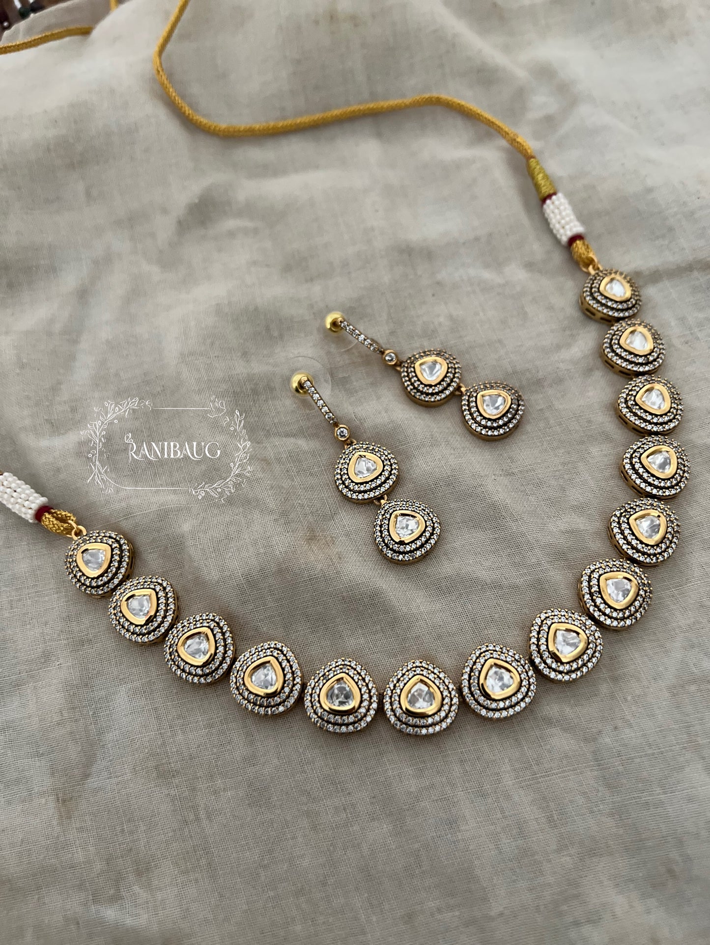 Vaarini Polki Kundan Zirconnnia Gold Finish Classic Necklace Set By Ranibaug