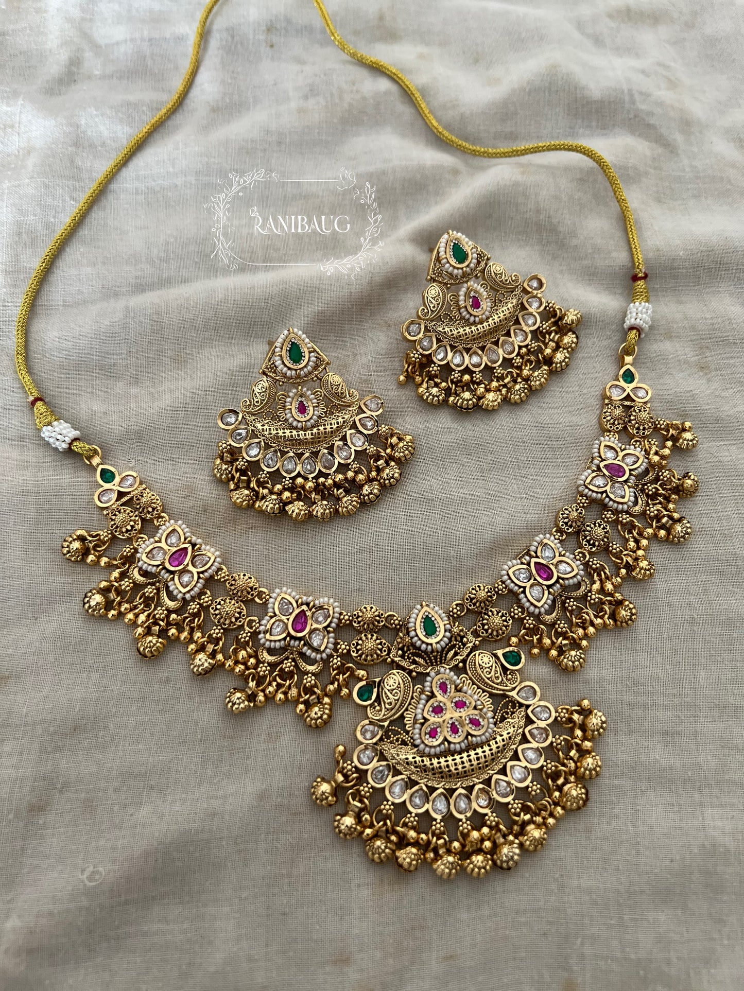 Vaidehi Heritage Intricate Pearl Beaded Kundan Studded Gold Necklace Jewellery Set By Ranibaug