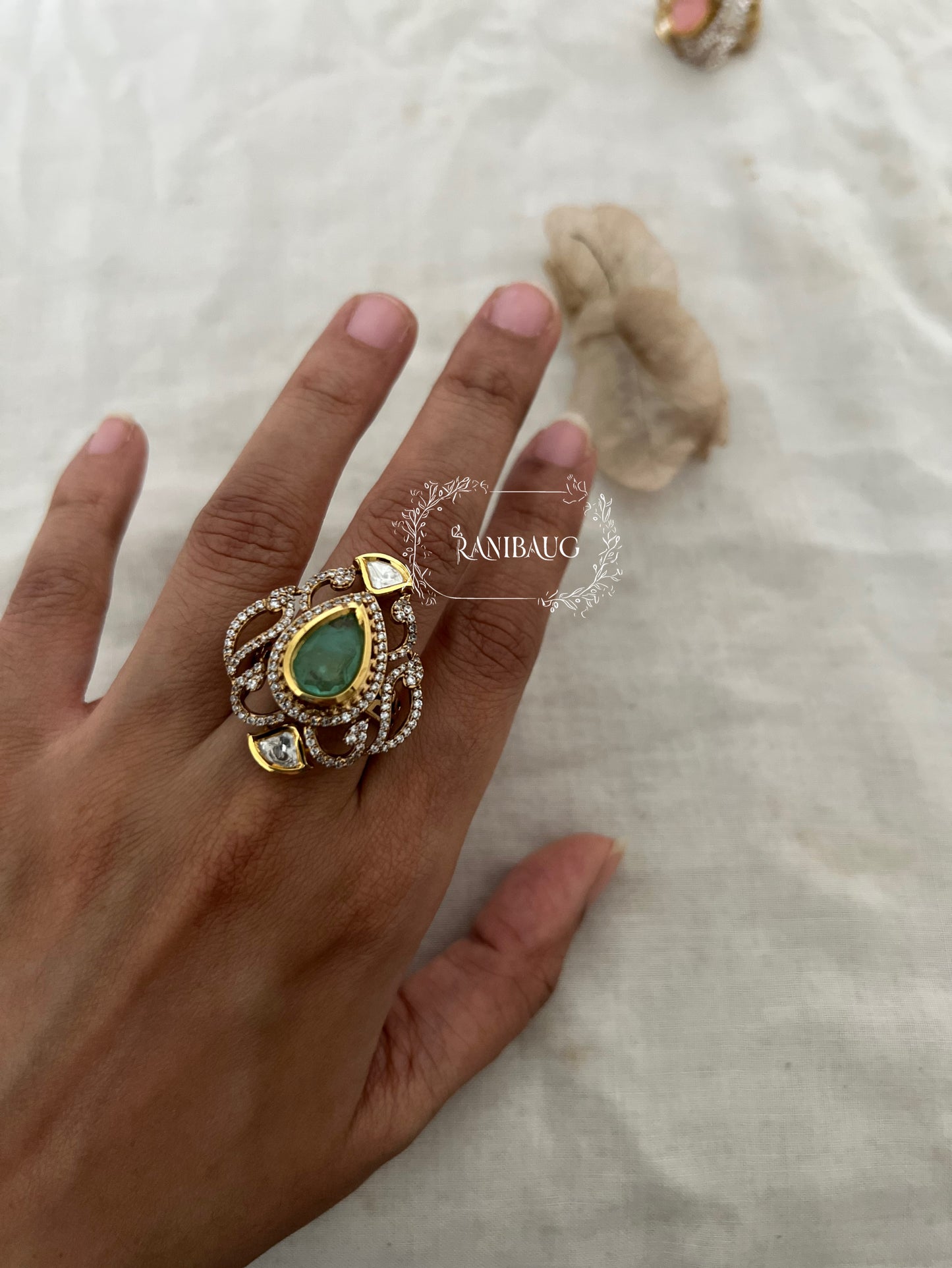 Vamika Gold Plated Kundan Studded Teardrop Gemstone Ring Ny Ranibaug