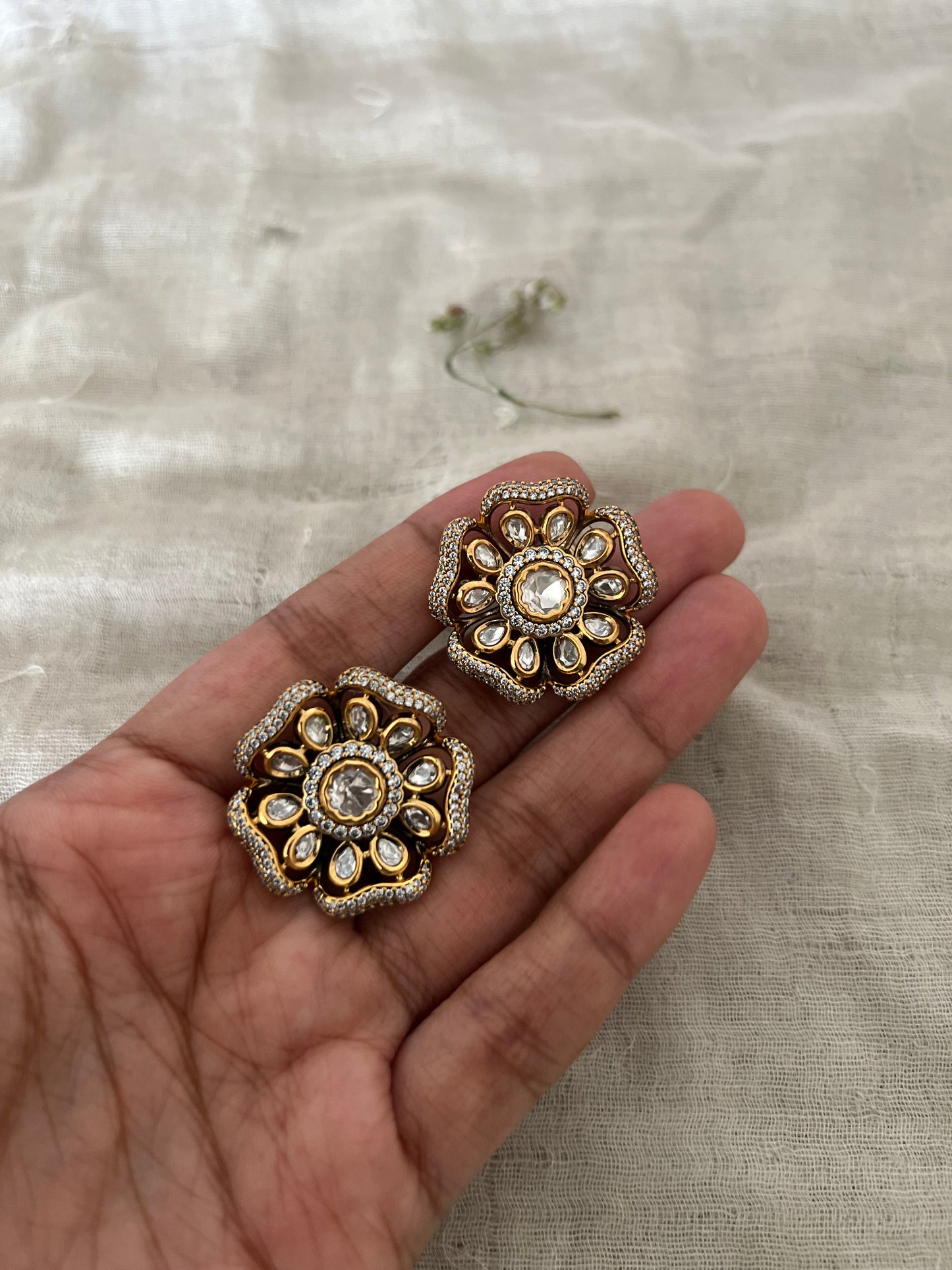 Vanya Victorian Mossainite Studs | Gold-Plated Floral Statement Earrings By Ranibaug