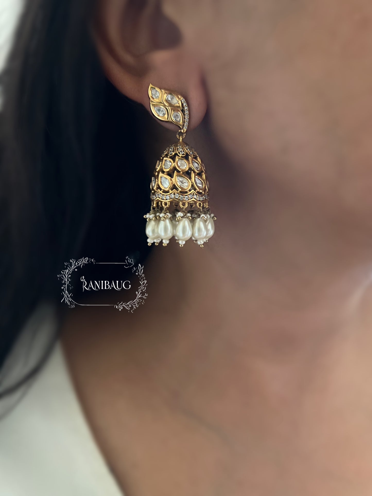 Varshini Premium Gold Finish Polki Adorned Sway Style Jhumka With Pearls By Ranibaug