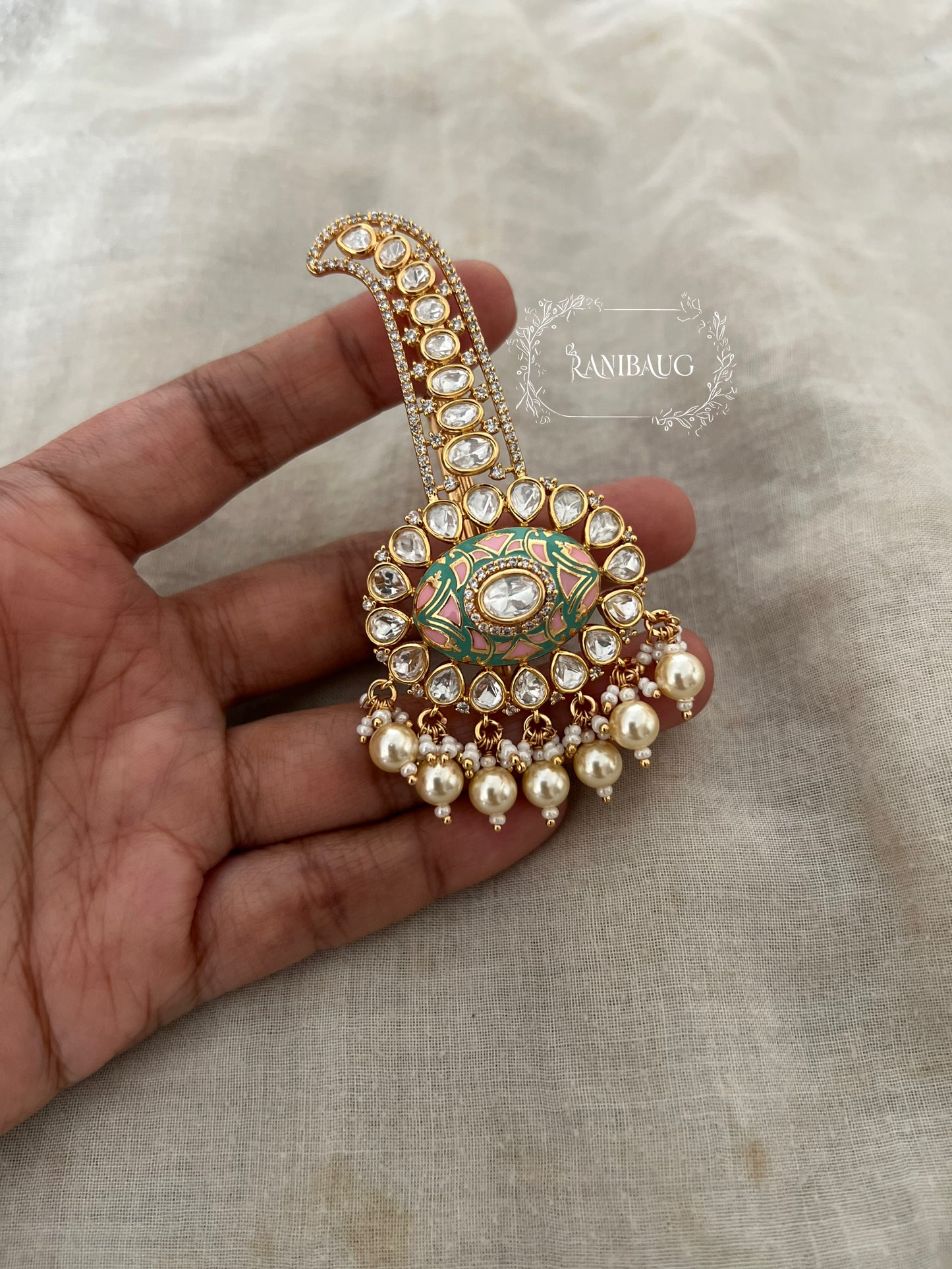 Varun Meenakari Polki Studded Rich Gold Finish Kalgi Broch Jewellery Adorned With Creamy Pearls By Ranibaug