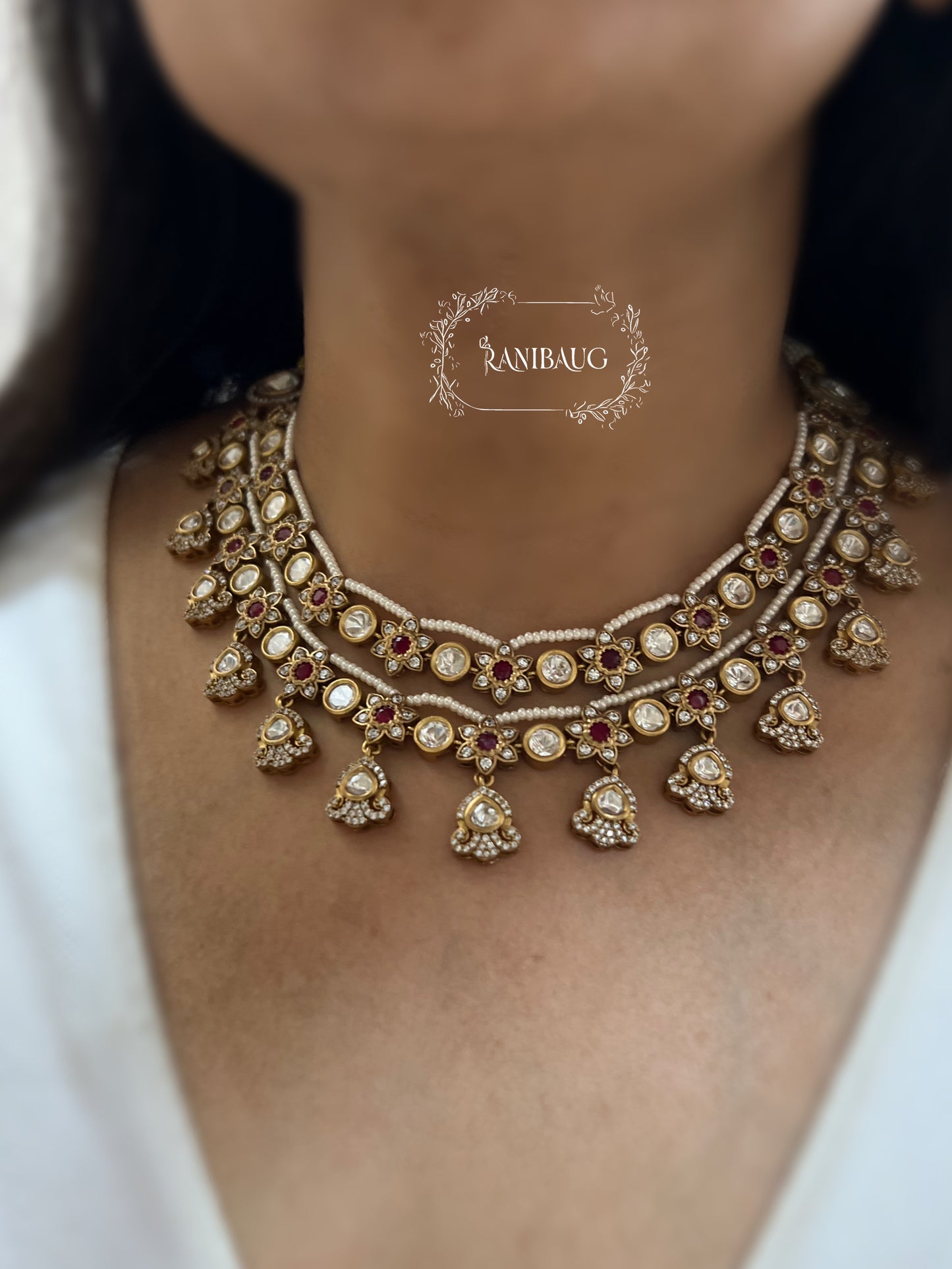 Vasudha Layered Polki Vintage Style Flower Motif Pearl Adorned Jewellery Set By Ranibaug