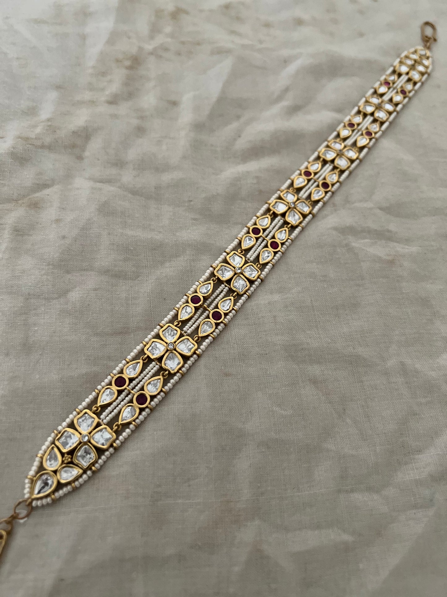 Vasundhara Polki Kundan Pearl Adorned Gold Finish Sheeshpatti Jewelry By Ranibaug