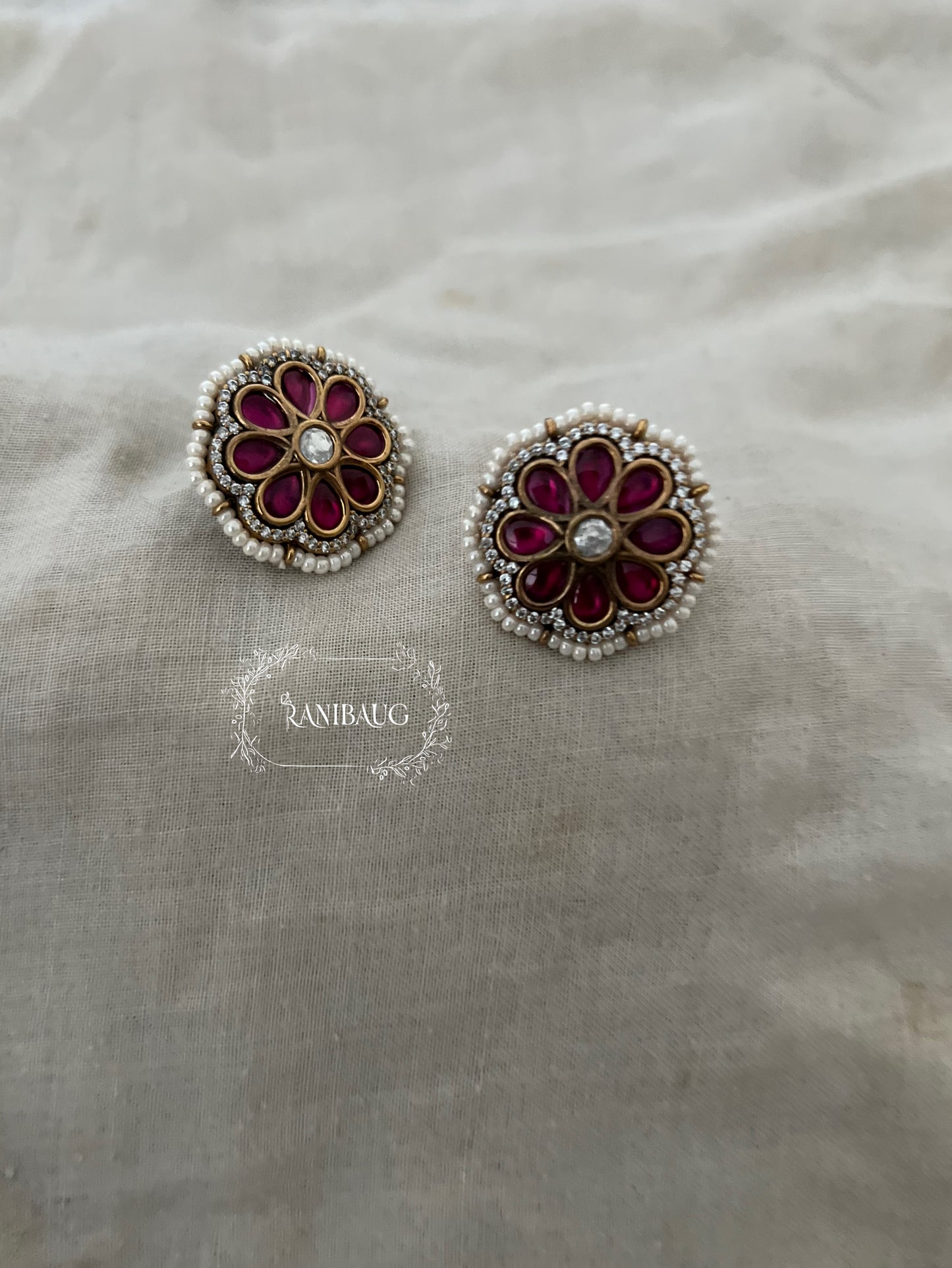 Vedaka Flower Ear Studs Kundan Studded With Enamel And Pearl Detailing By Ranibaug