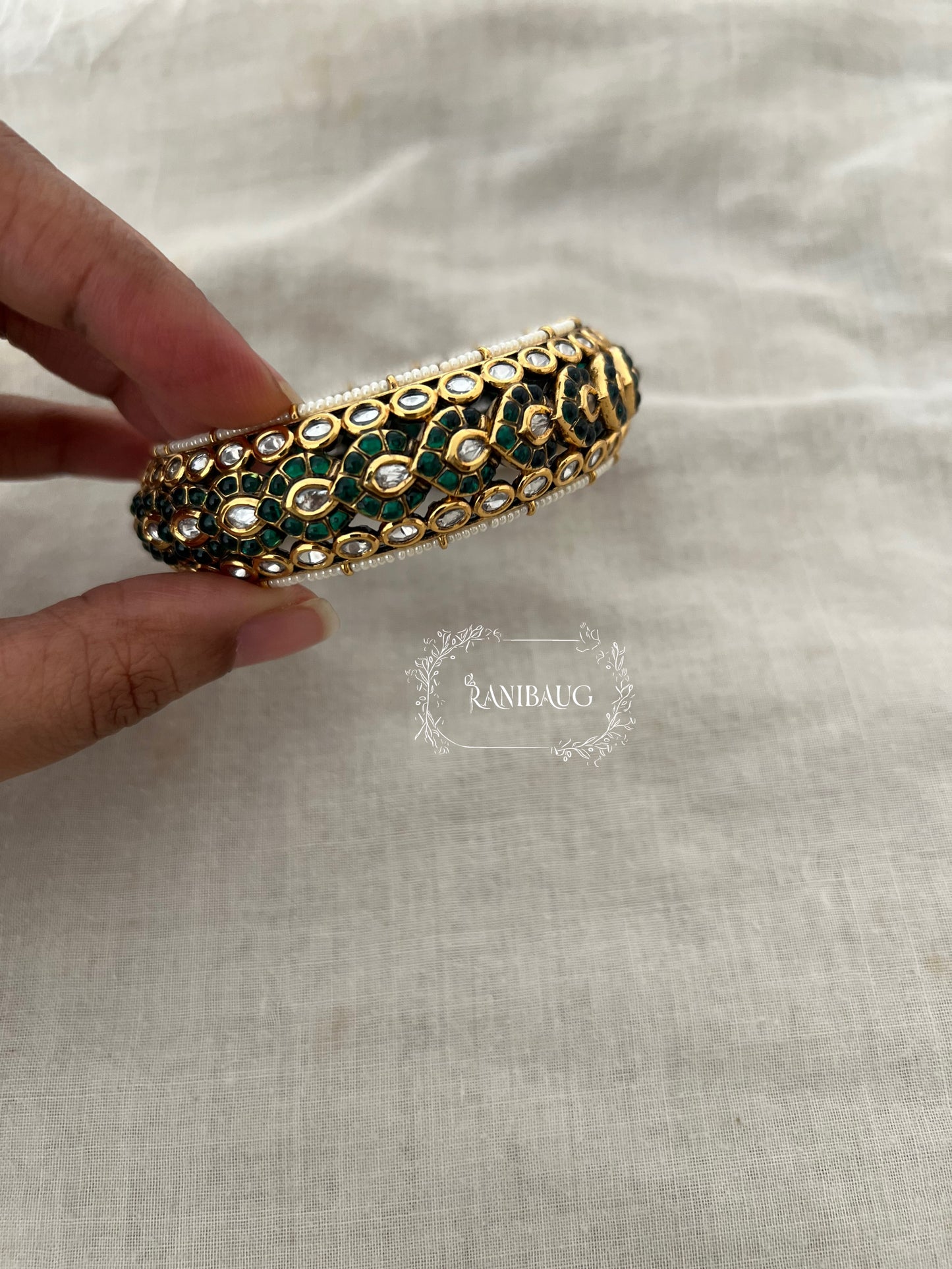 Vipasha Traditional Green Polki Kundan Studded Gold Plated Bangle By Ranibaug | Premium Quality Bangle Kadas In India