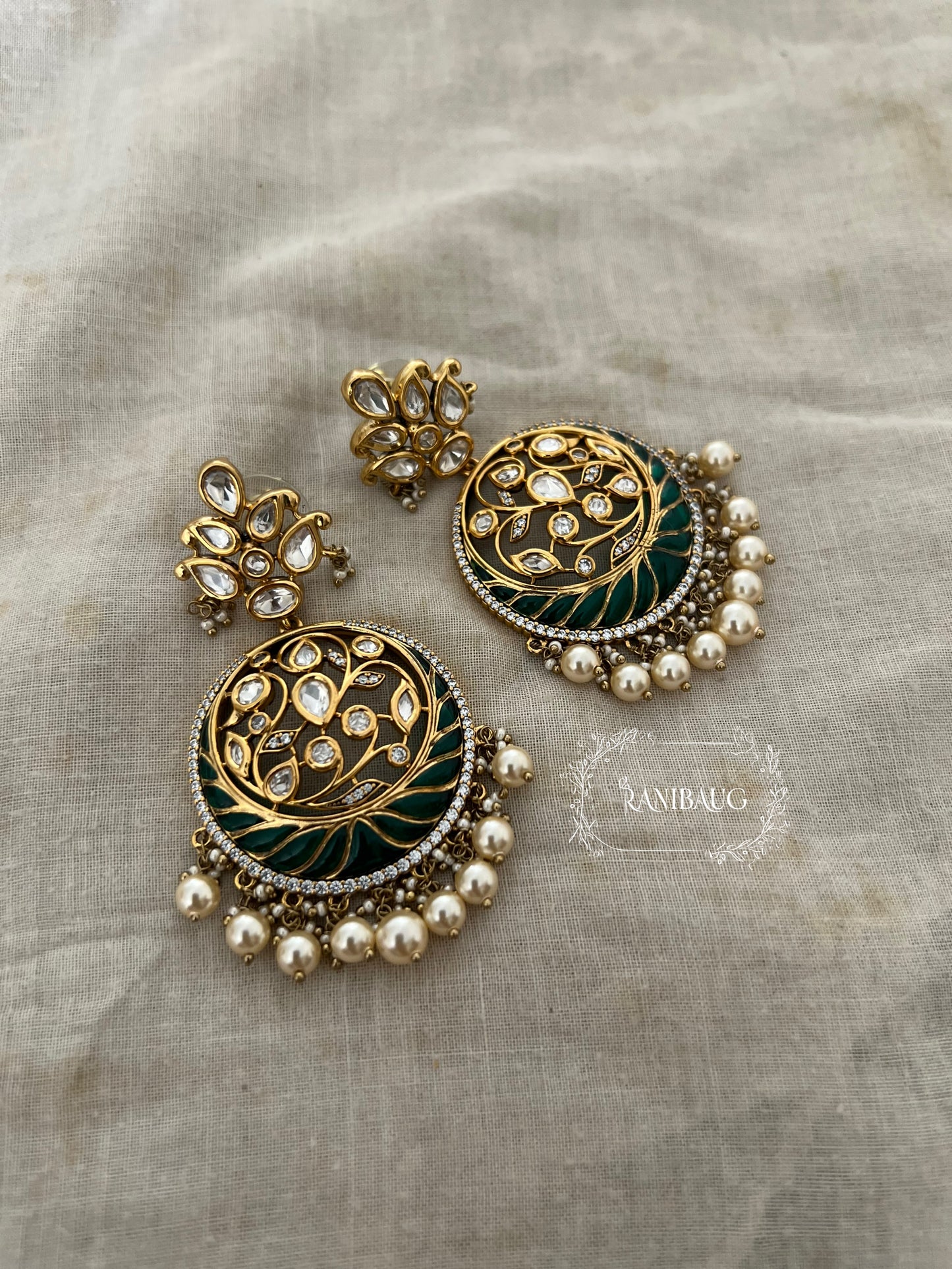 Viragya Mossainite Kundan Studded Gold Plated Floral Vines Pearl Adorned Chandbali Earrings By Ranibaug