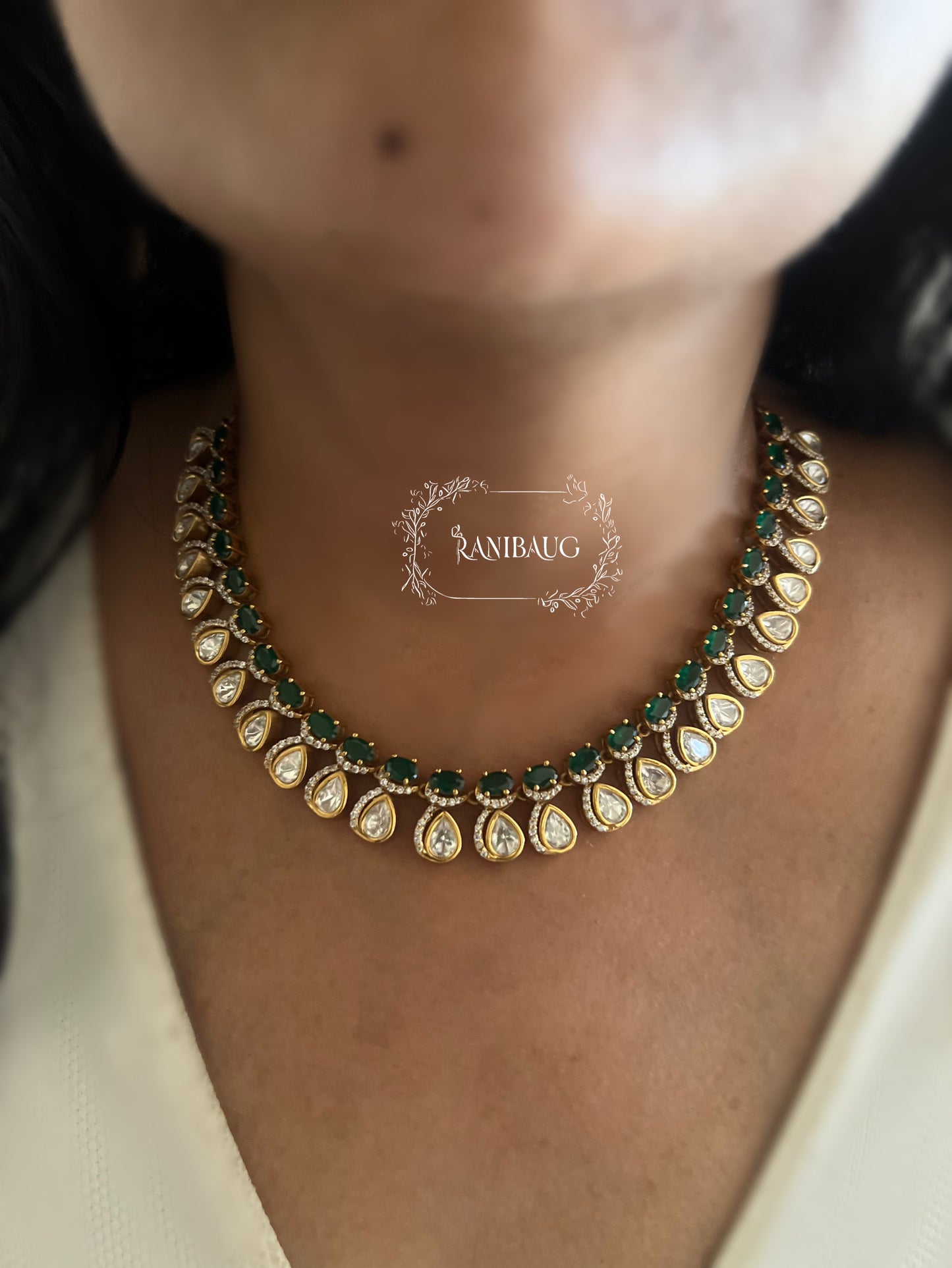 Visha Emerald And Ruby Stone Teardrop Polki Studded Gold Finish Classic Necklace Jewellery By Ranibaug
