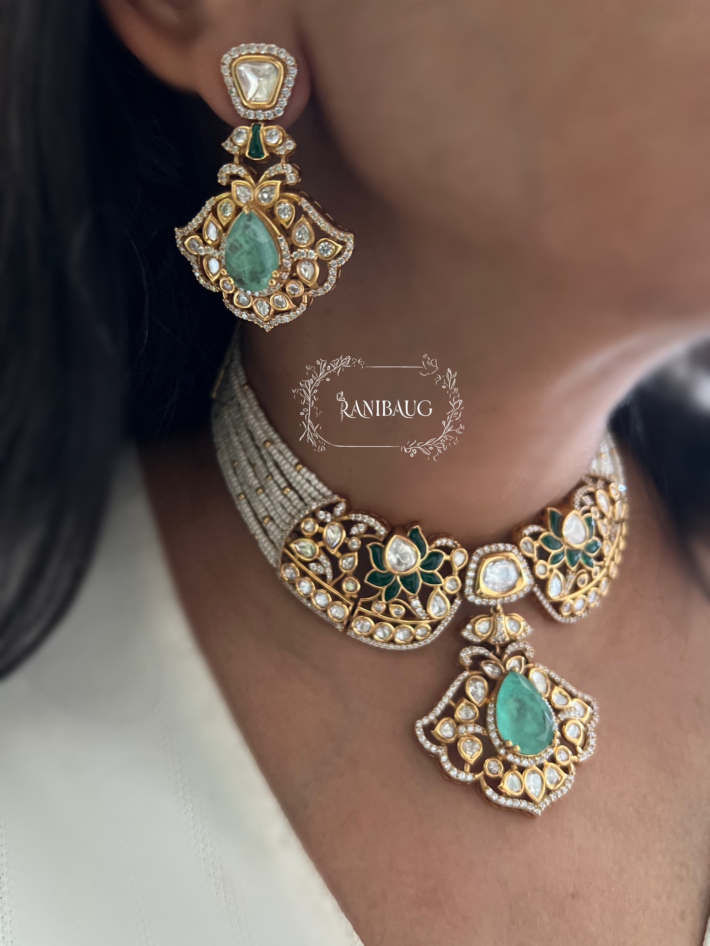 Vrutti Polki Studded Gold Finish Enamel Floral Pearl Strand Choker Necklace Set By Ranibaug