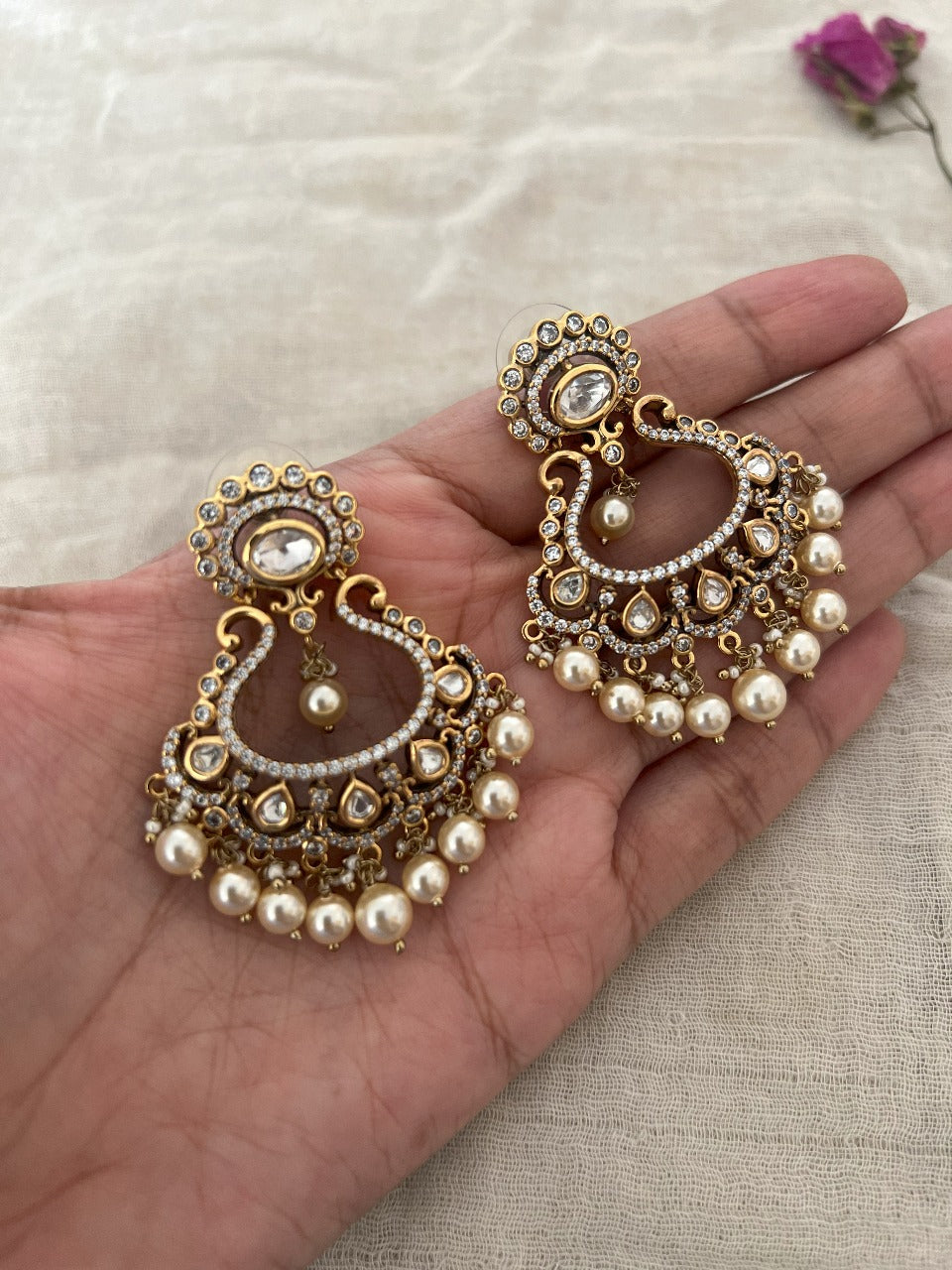 Kavya Kundan Stud Polki Gold Simple Chandbali Earrings