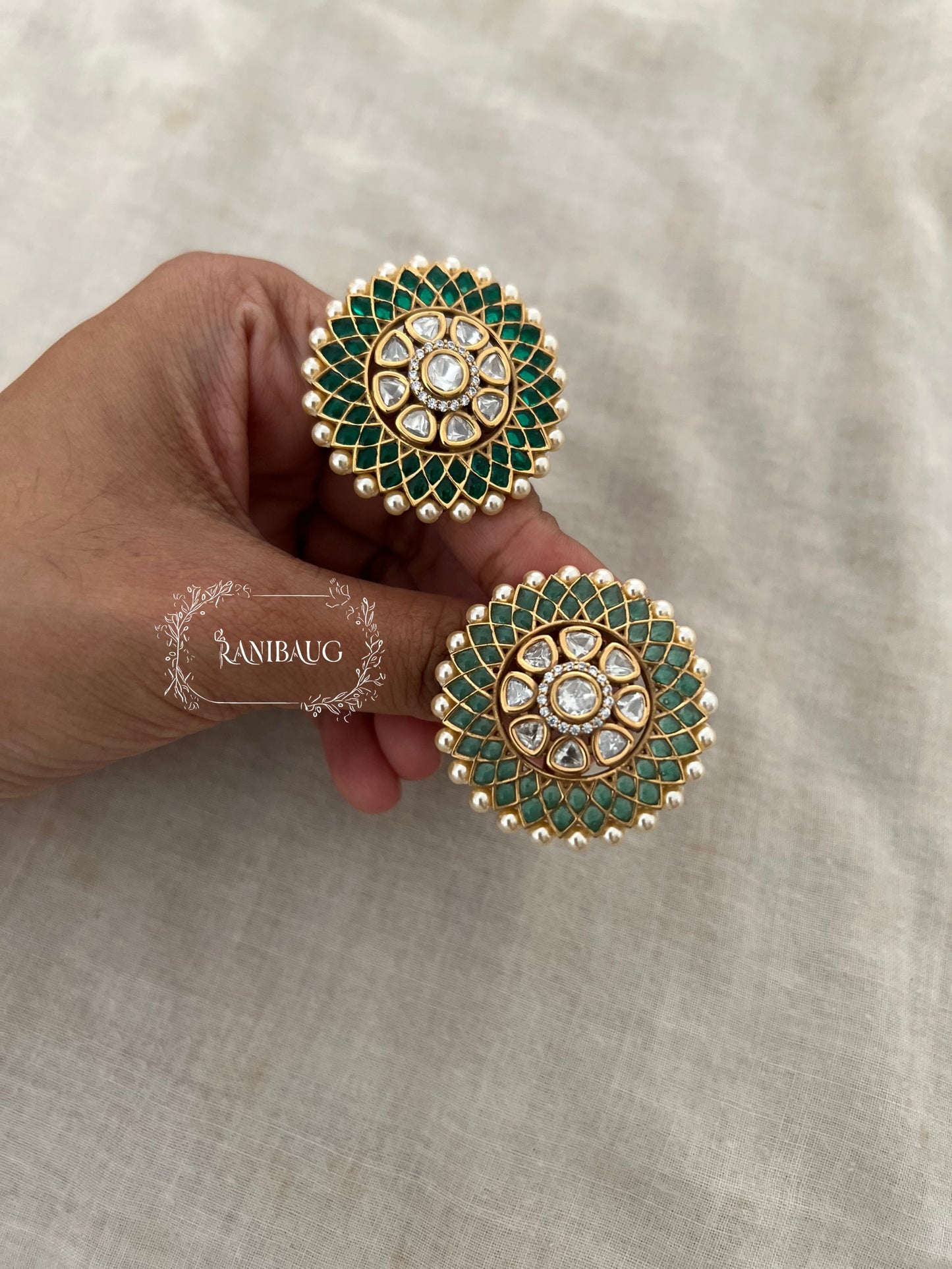Yukta Dramatic Royal Green Polki Studded Geometric Designer Ring Jewellry By Ranibaug
