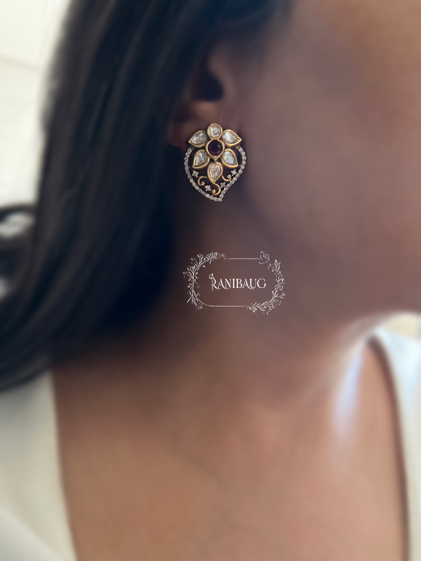 Ziva Stylish Antique Gold Leaf Kundan Floral Motif Ear Studs By Ranibaug