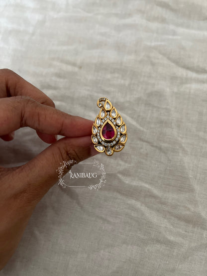 Harsha Gold Plated Intricate Leaf Shaped Kundan Surrounding Teardrop Gemstone Ring Jewelry By Ranibaug