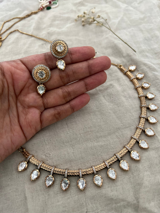 Raha Mossainite Polki Drops Antique Gold Minimal Necklace Jewellery Set For Any Occassion By Ranibaug
