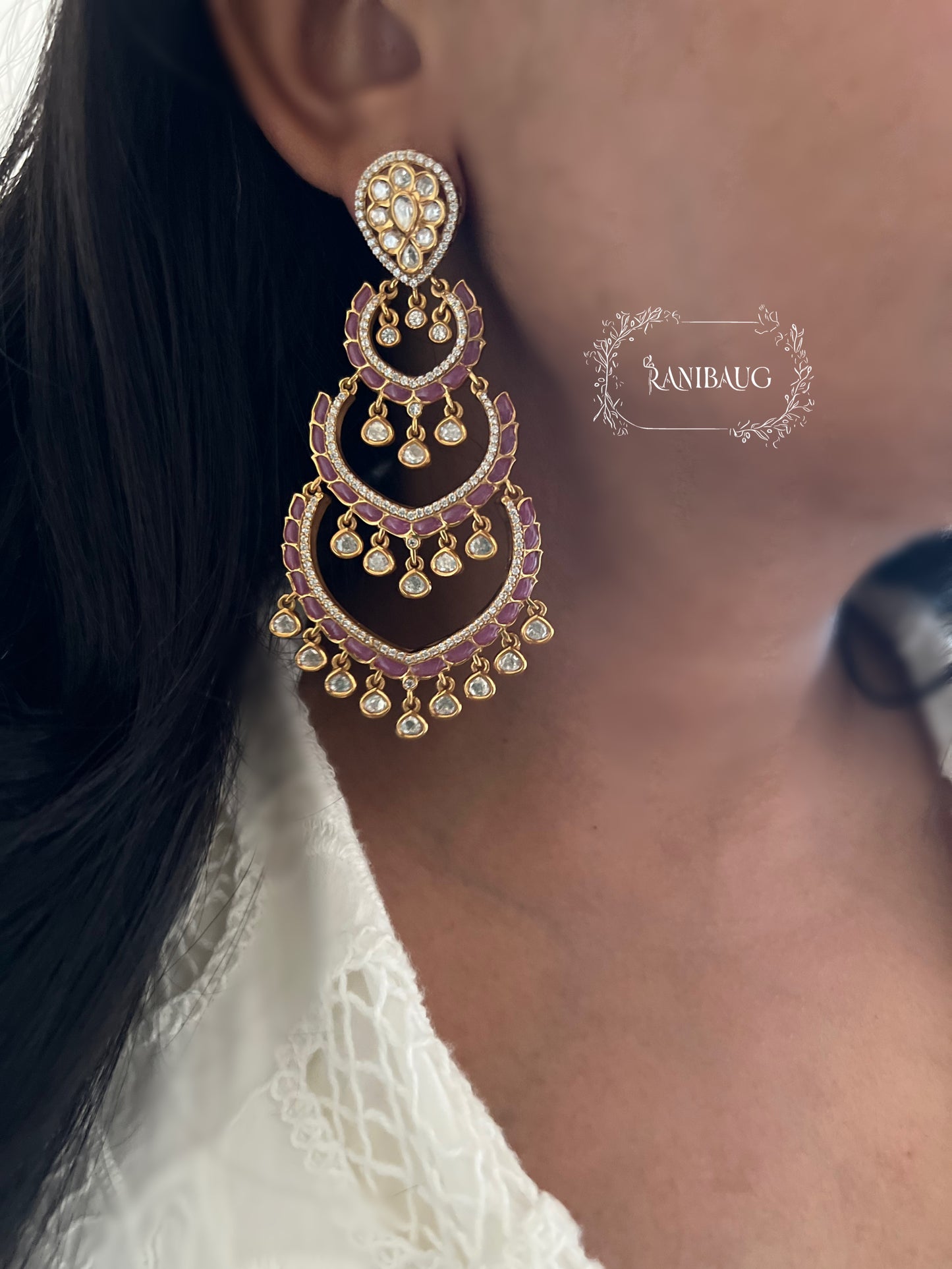 Palakshi Long Polki Kundan Gold Tone With Creamy Pearl Frige Statement Wedding Earrings By Ranibaug