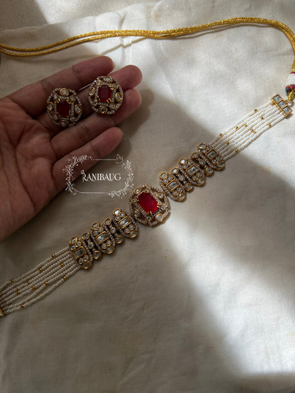 Nishi Royal Polki Kundan Studded Gold Finish Layered Necklace Set With Earrings By Ranibaug