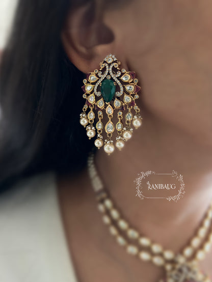 Zarika Geometric Polki Studded Gold Finish Emerald Stones Adorned Two Layered Necklace Set By Ranibaug