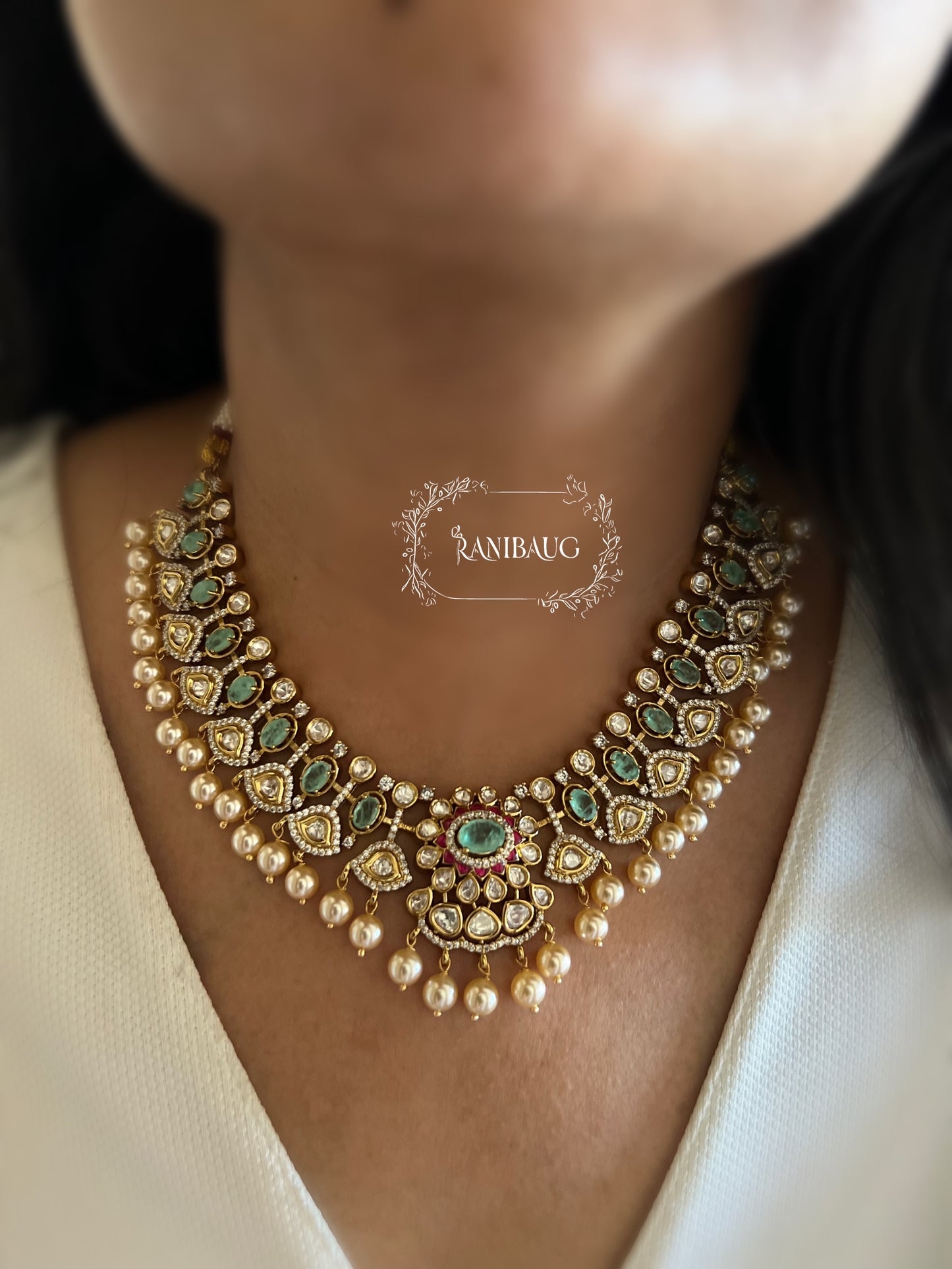 Kumud Light Green Teardrop Center Motif Two Layered Kundan Studded Gold Finish Premium Festive Necklace Set By Ranibaug