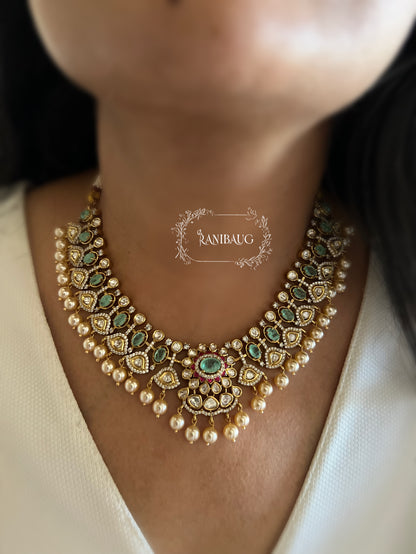 Kumud Light Green Teardrop Center Motif Two Layered Kundan Studded Gold Finish Premium Festive Necklace Set By Ranibaug
