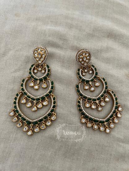 Palakshi Long Polki Kundan Gold Tone With Creamy Pearl Frige Statement Wedding Earrings By Ranibaug