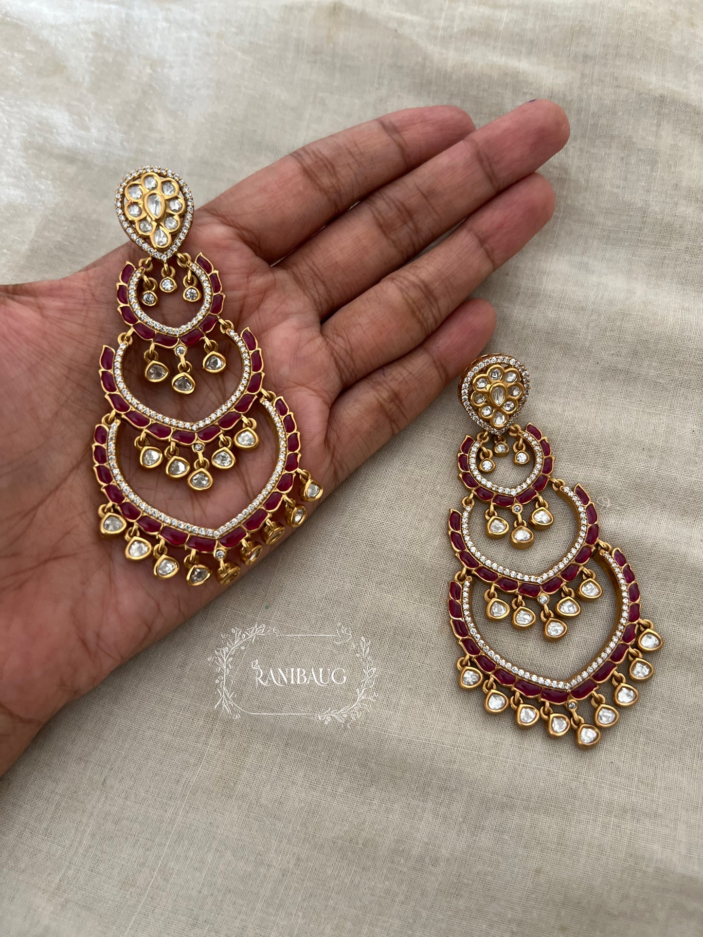 Palakshi Long Polki Kundan Gold Tone With Creamy Pearl Frige Statement Wedding Earrings By Ranibaug