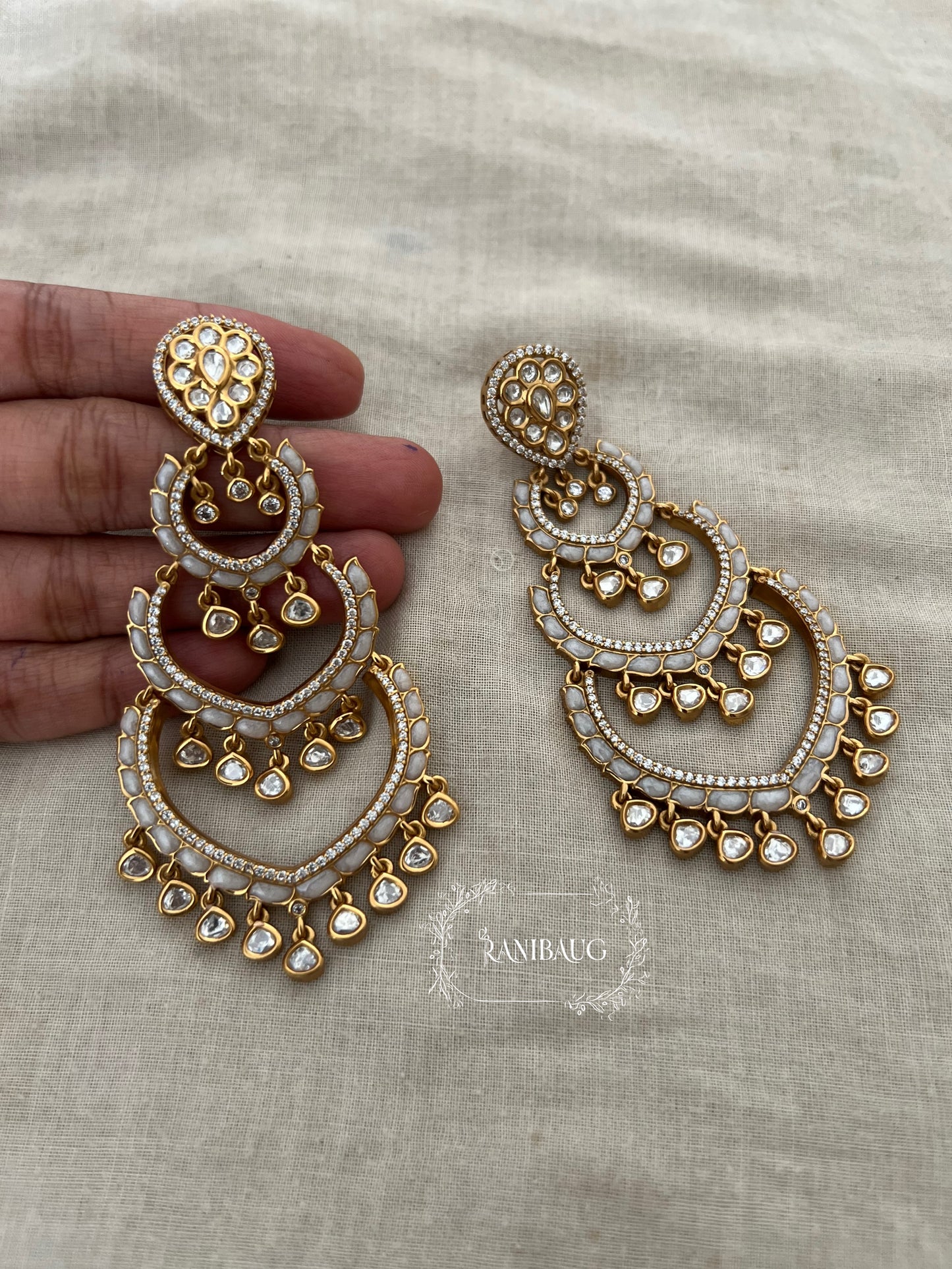Palakshi Long Polki Kundan Gold Tone With Creamy Pearl Frige Statement Wedding Earrings By Ranibaug