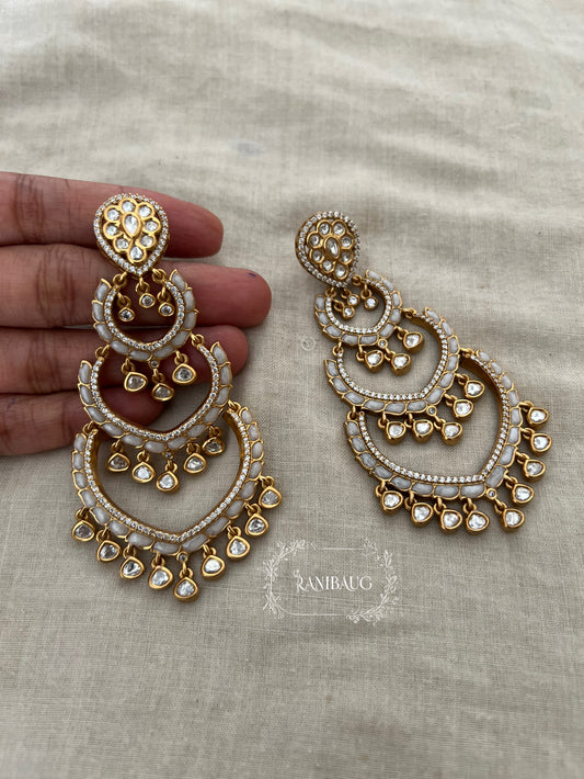 Palakshi Long Polki Kundan Gold Tone With Creamy Pearl Frige Statement Wedding Earrings By Ranibaug