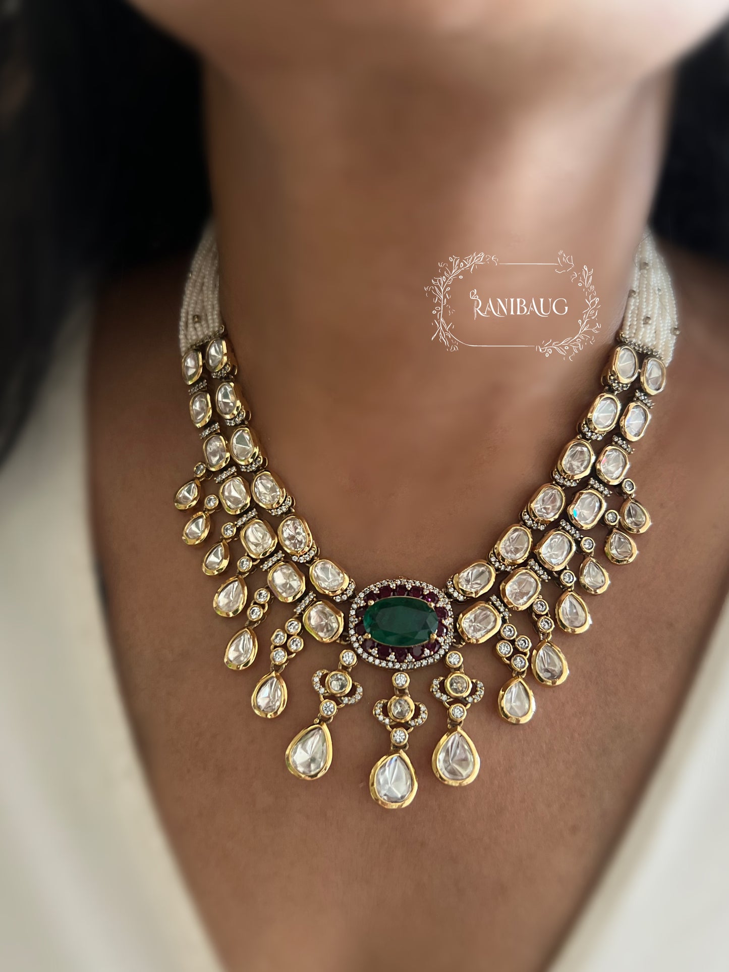 Kumud Light Green Teardrop Center Motif Two Layered Kundan Studded Gold Finish Premium Festive Necklace Set By Ranibaug