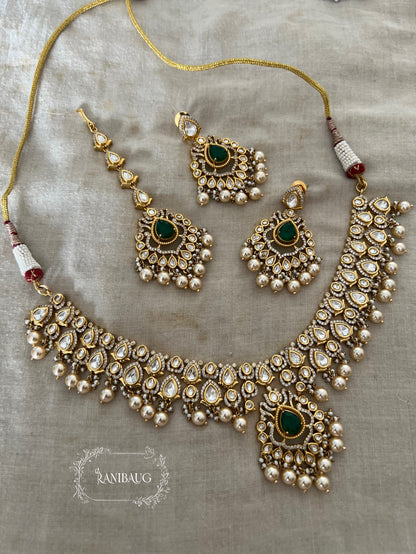 Aira Modern Traditional Minimal Mossainite Polki Adorned Necklace In Teardrop Motifs In Rich Gold Finish By Ranibaug