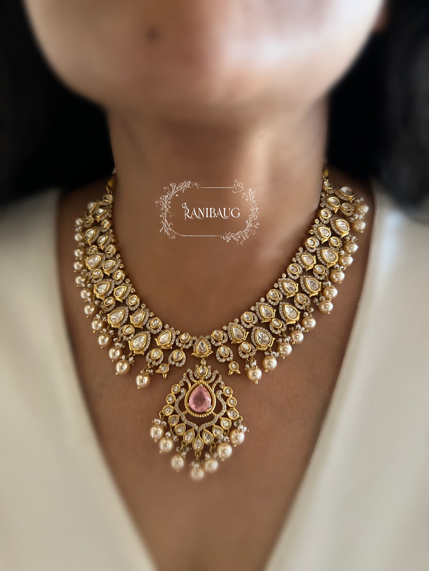 Aira Modern Traditional Minimal Mossainite Polki Adorned Necklace In Teardrop Motifs In Rich Gold Finish By Ranibaug