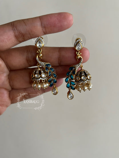 Peacock Polki Kundan Dangler Jhumka Earrings by Ranibaug