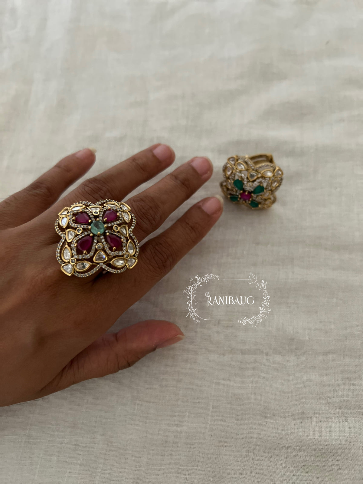 Maitri Leaf Designer Polki Enamel Gold Finish Minimal Ring Jewelry For Wedding By Ranibaug