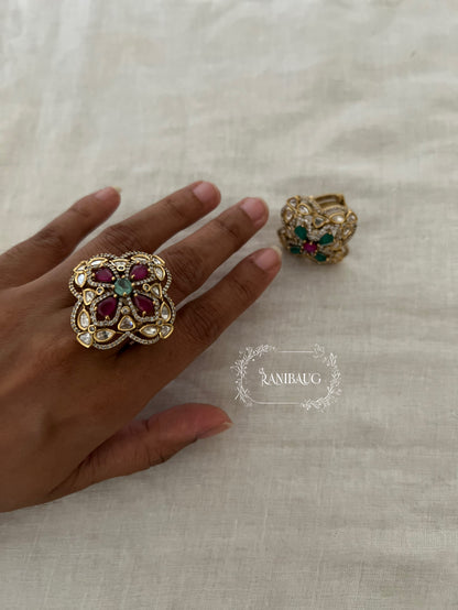 Maitri Leaf Designer Polki Enamel Gold Finish Minimal Ring Jewelry For Wedding By Ranibaug